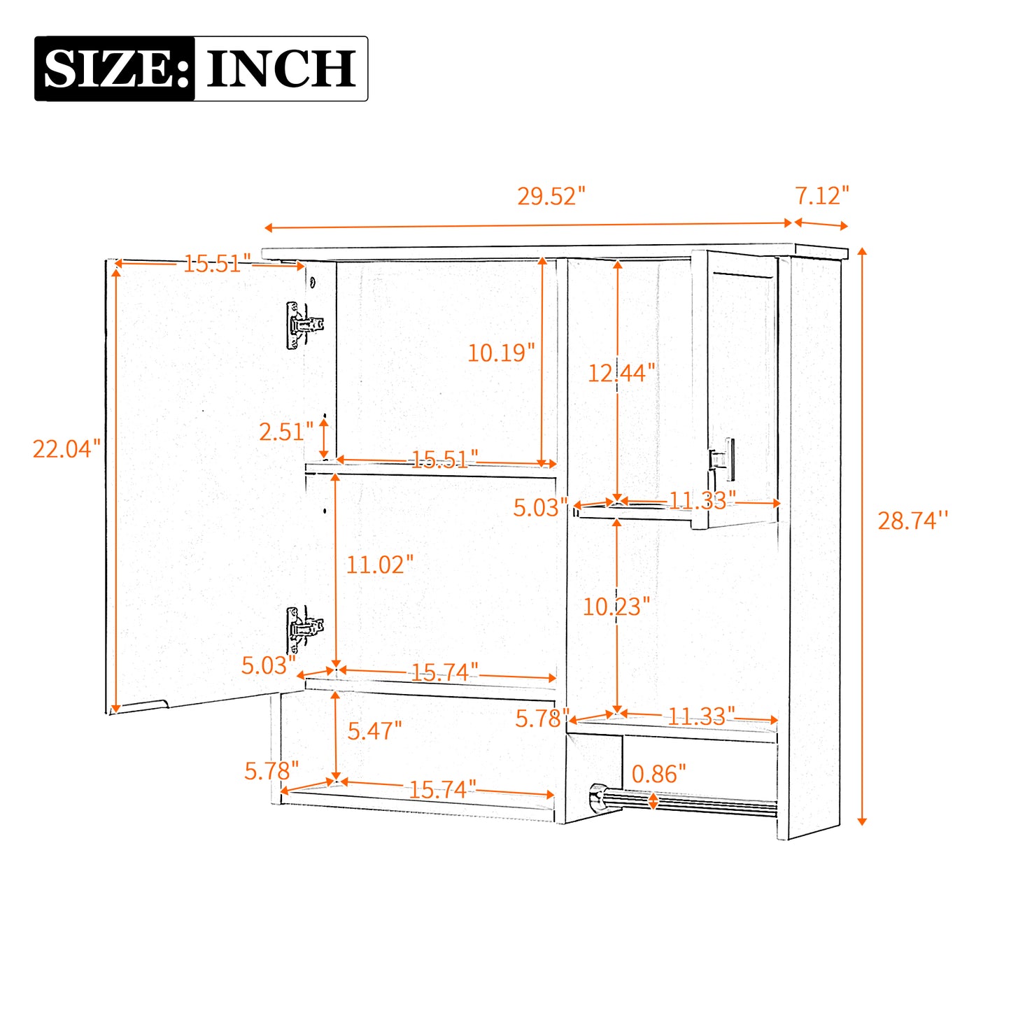 Diagram of a wallmounted cabinet wide high with detailed dimensions labeled