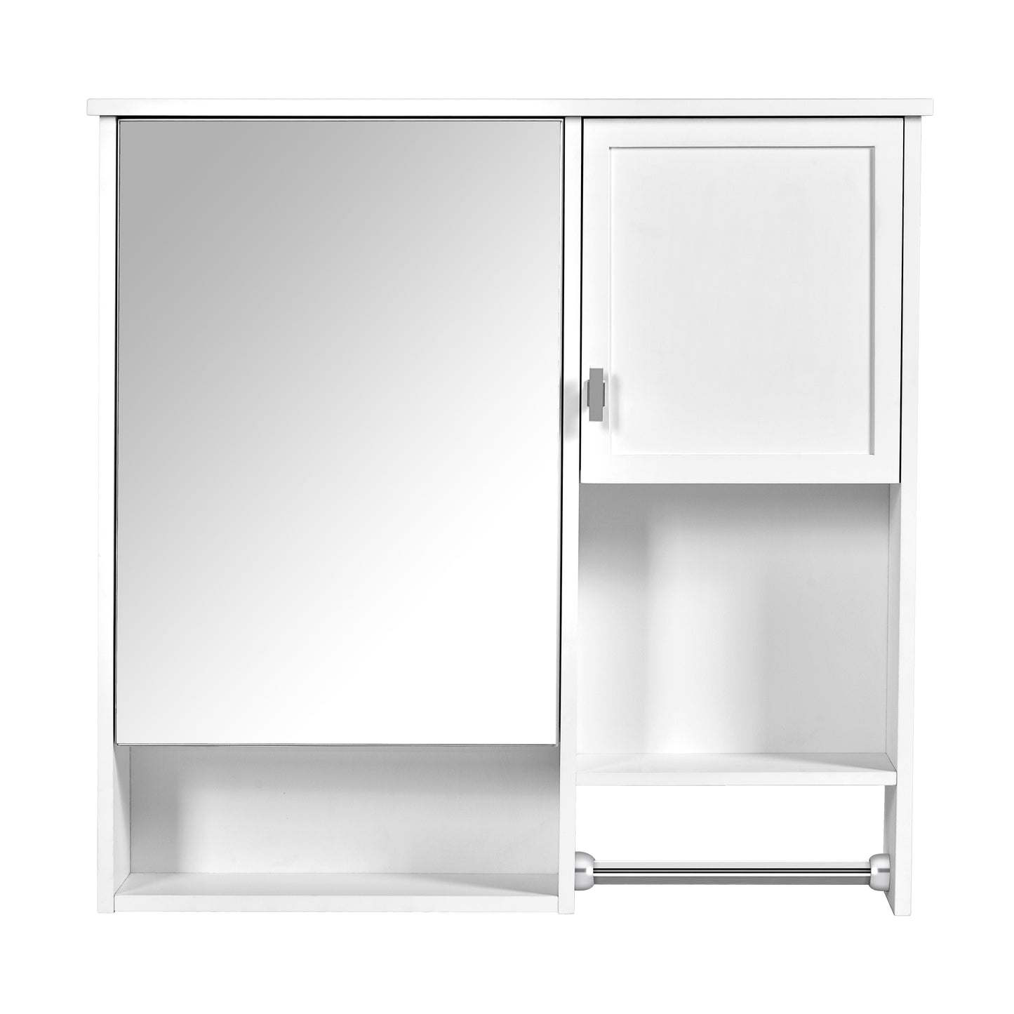 Modern white bathroom cabinet with mirrored door and open shelves for storage