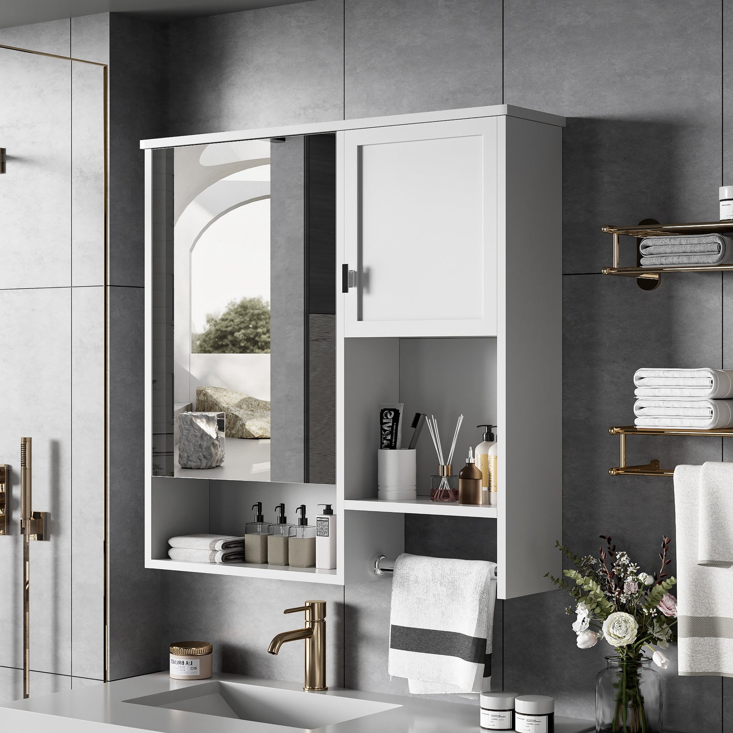 White bathroom medicine cabinet with mirrored door and interior shelves
