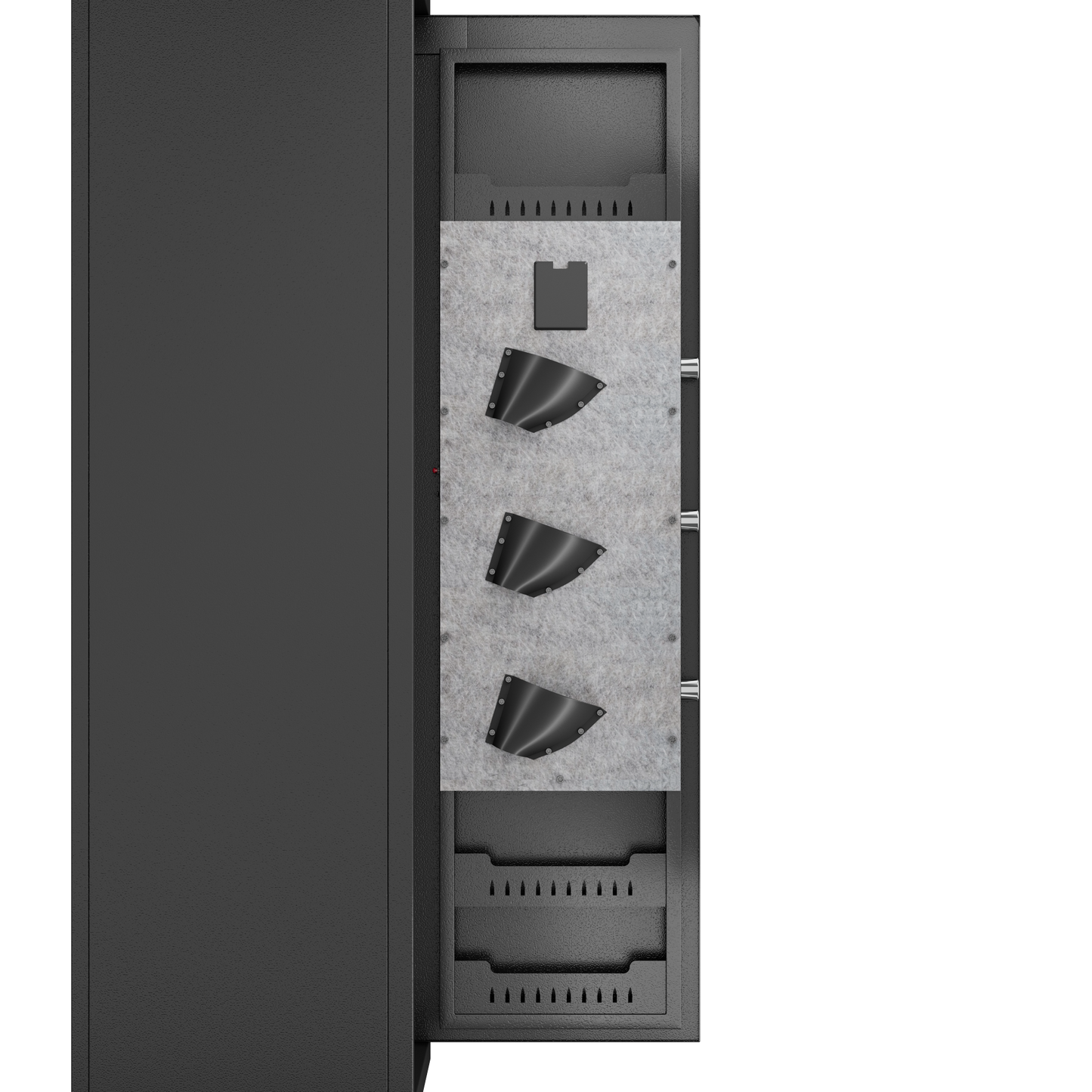 Black metal handgun safe with padded interior and multiple storage slots