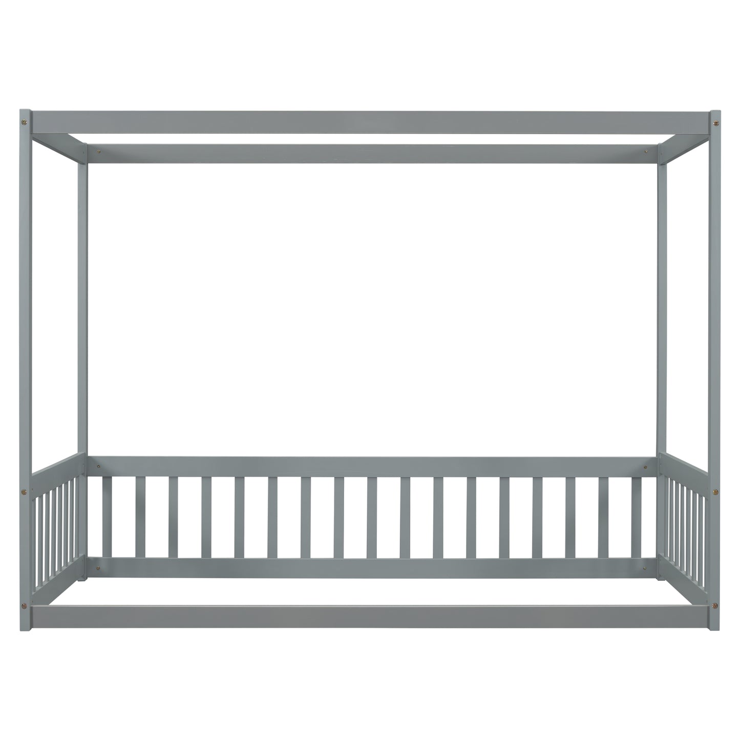 Gray wooden canopy bed frame with slatted side rails