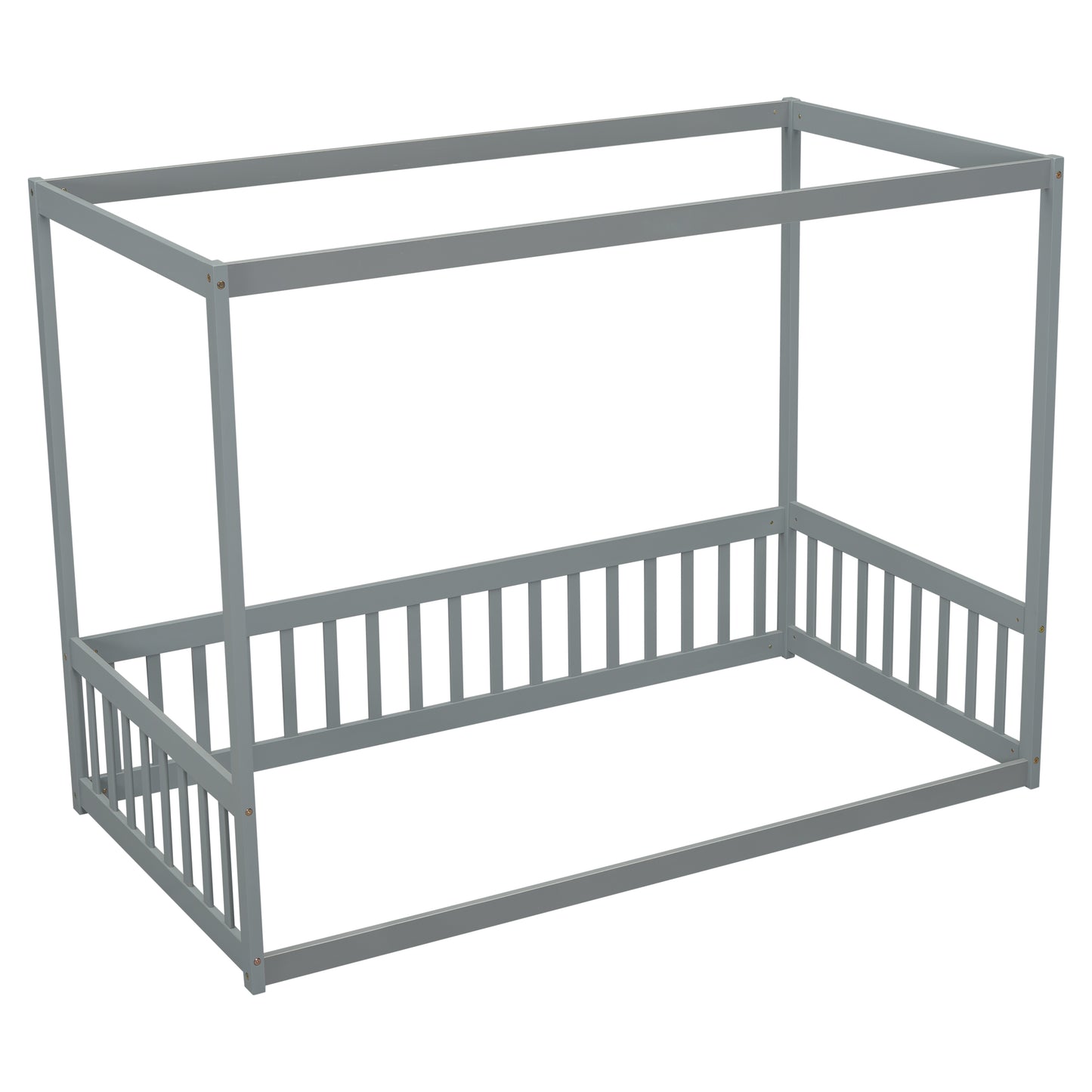 Grey wooden canopy bed frame with slatted sides