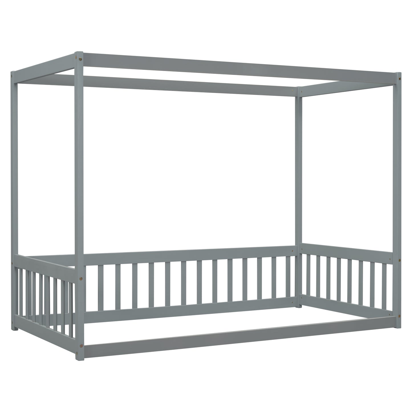 Gray wooden canopy bed frame with railings