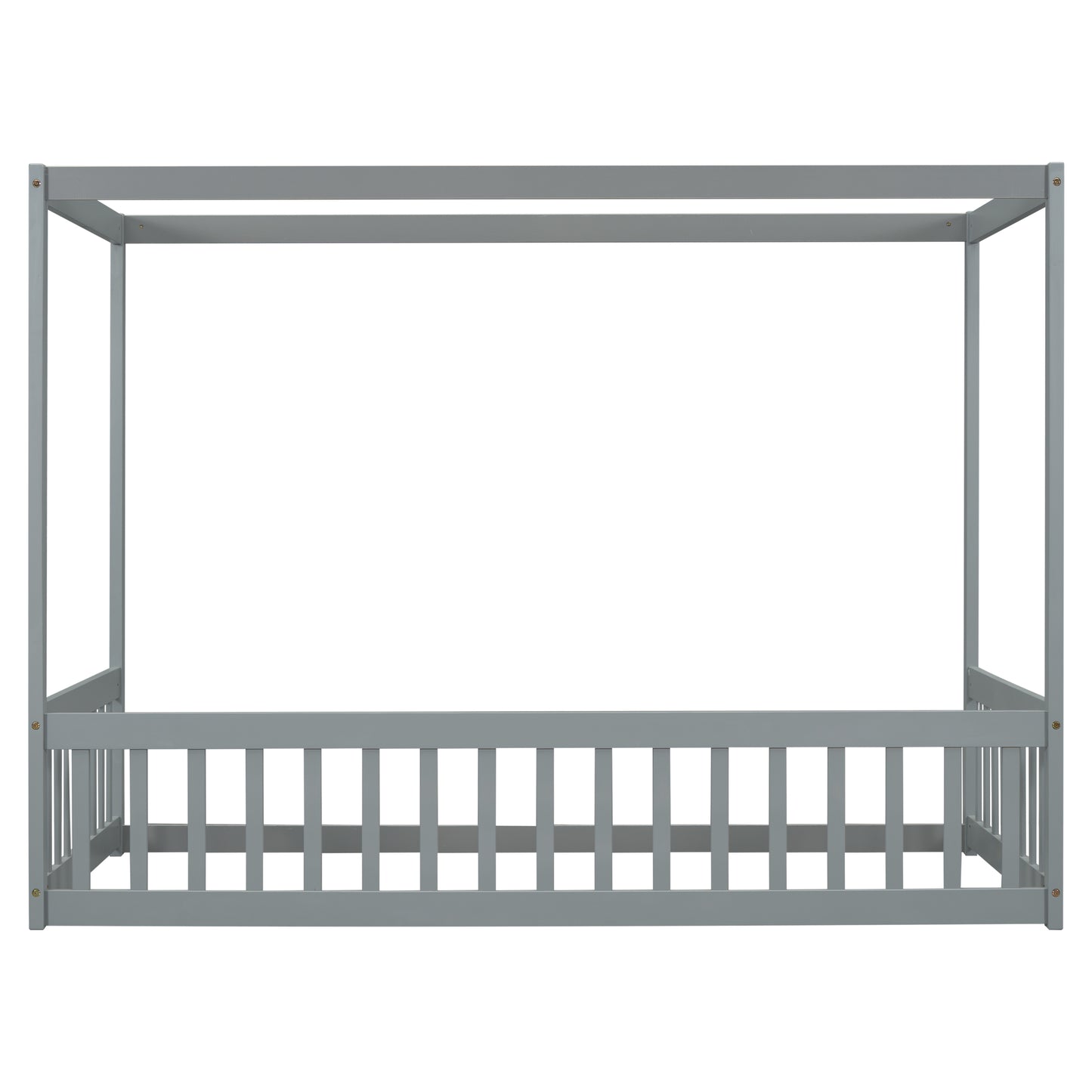 Gray wooden canopy bed frame with slatted headboard detail modern minimalist design