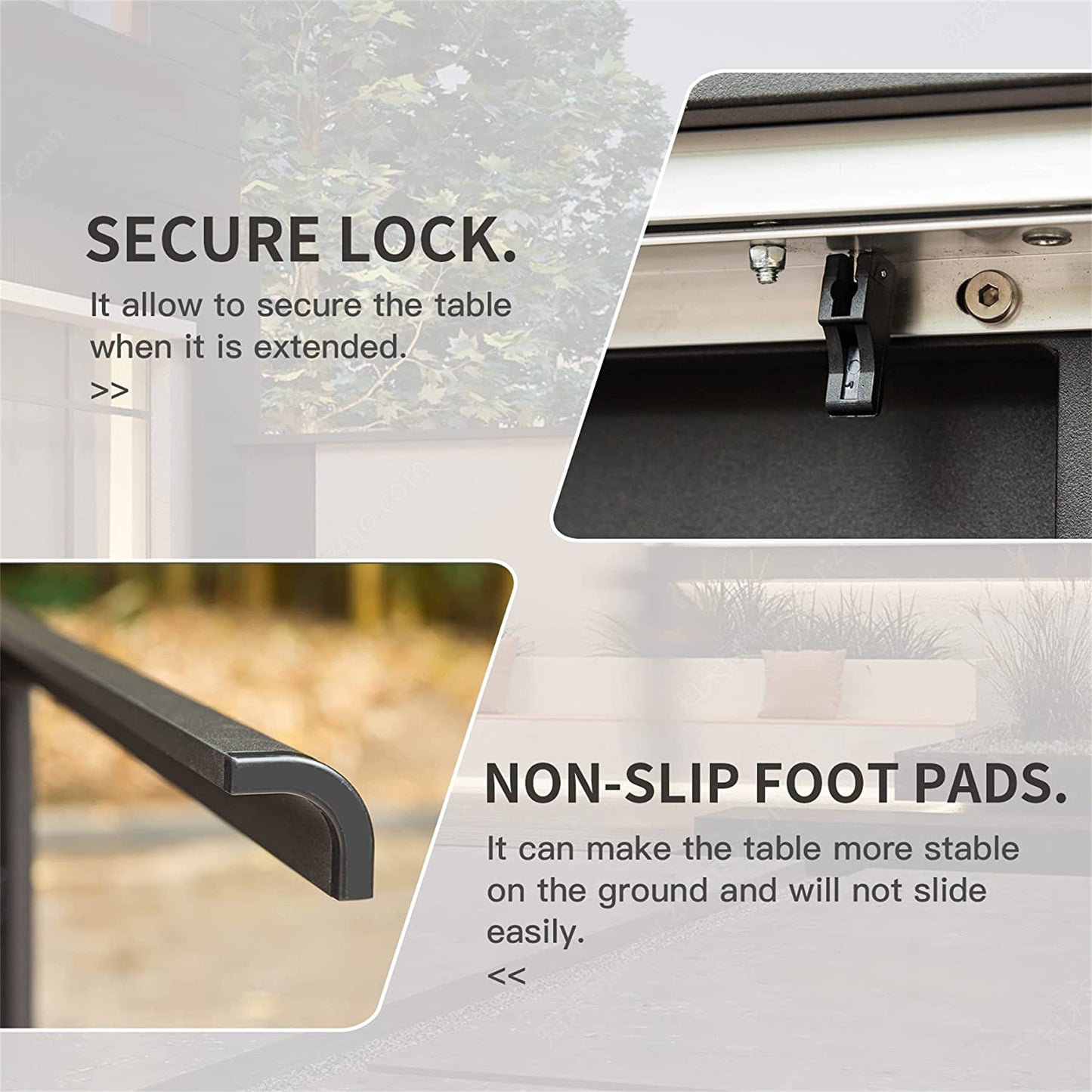 Closeup of a black plastic table lock mechanism ensuring stability when extended