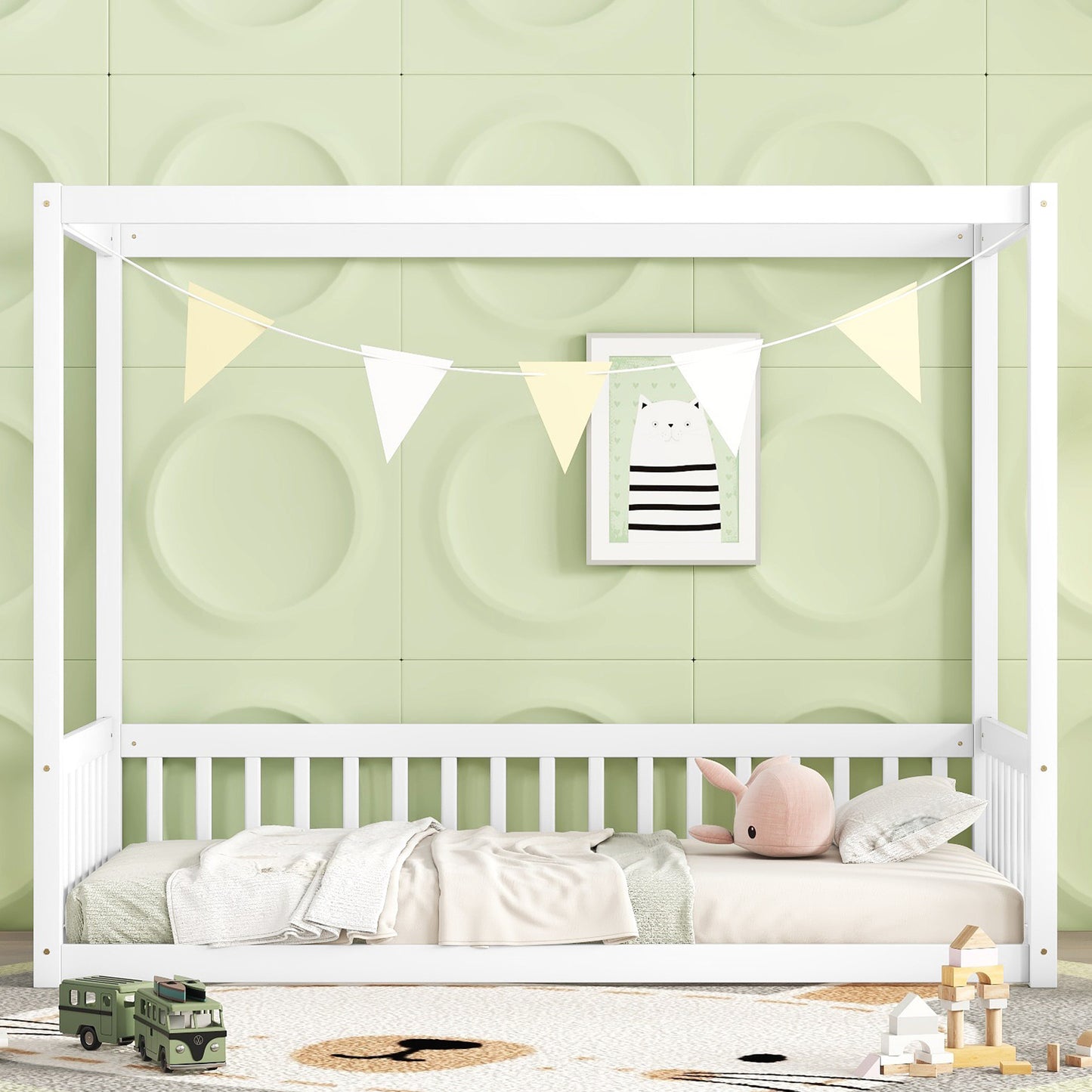 White wooden canopy bed with bedding and toys