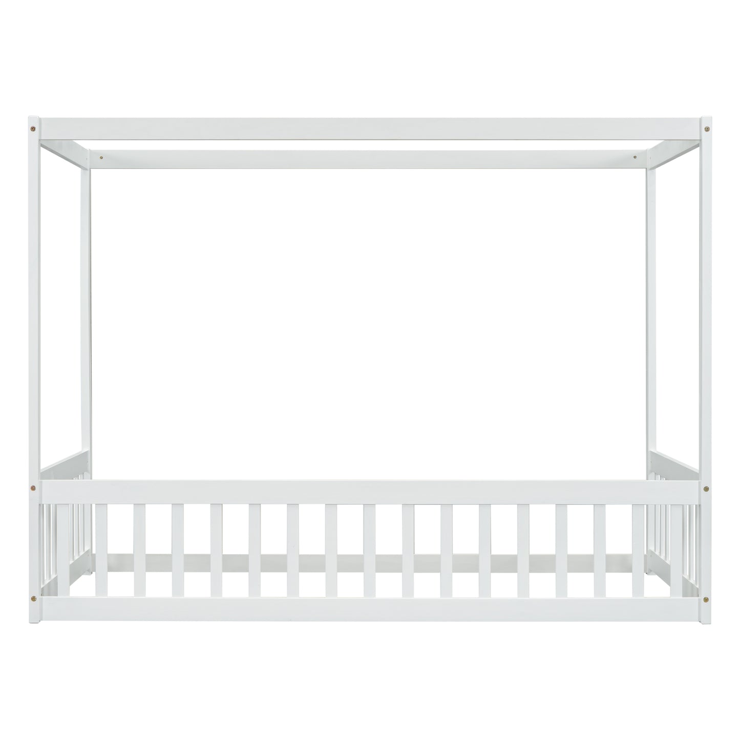 White wooden four poster bed frame with slatted headboard
