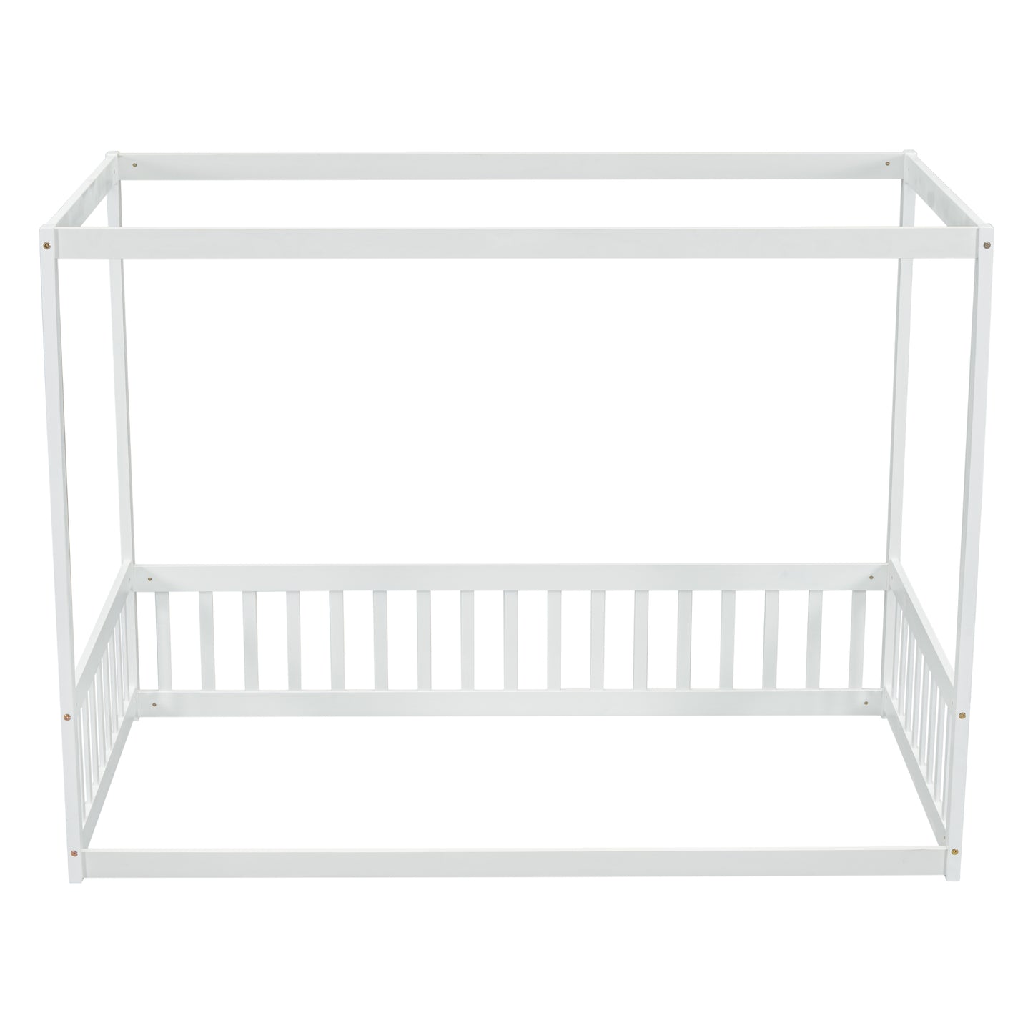 White wooden twin canopy bed frame with slatted sides