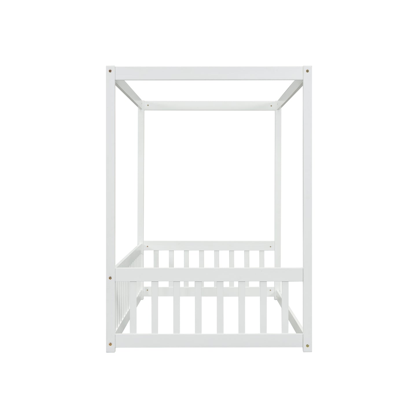 White wooden canopy bed frame with slatted sides for children
