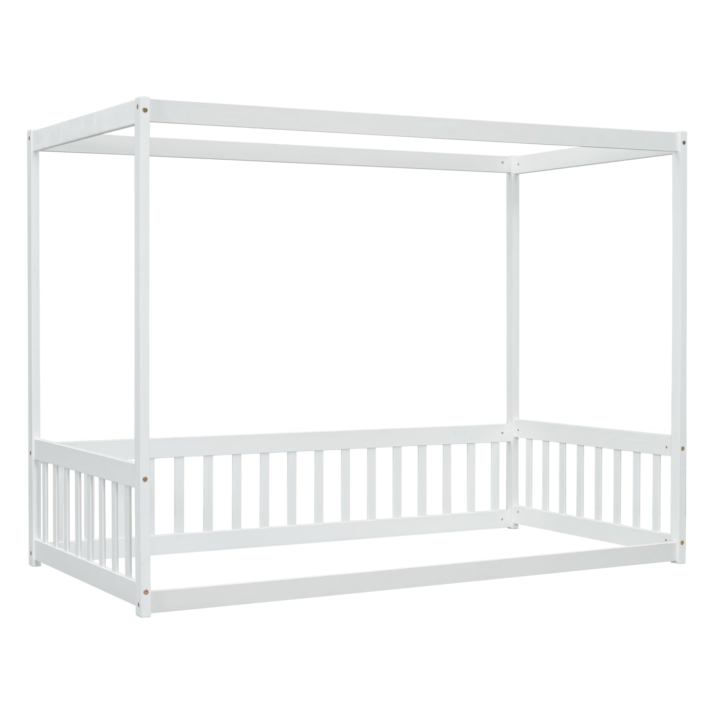 White wooden fourposter bed frame with slatted sides