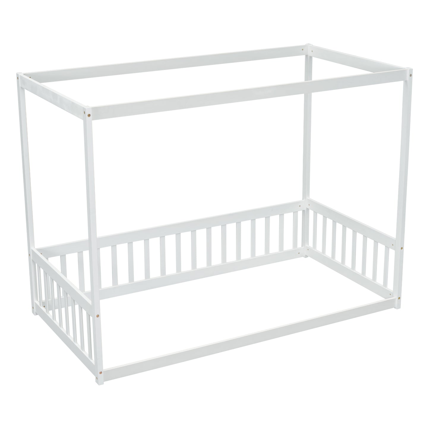 White wooden canopy bed frame with slatted sides