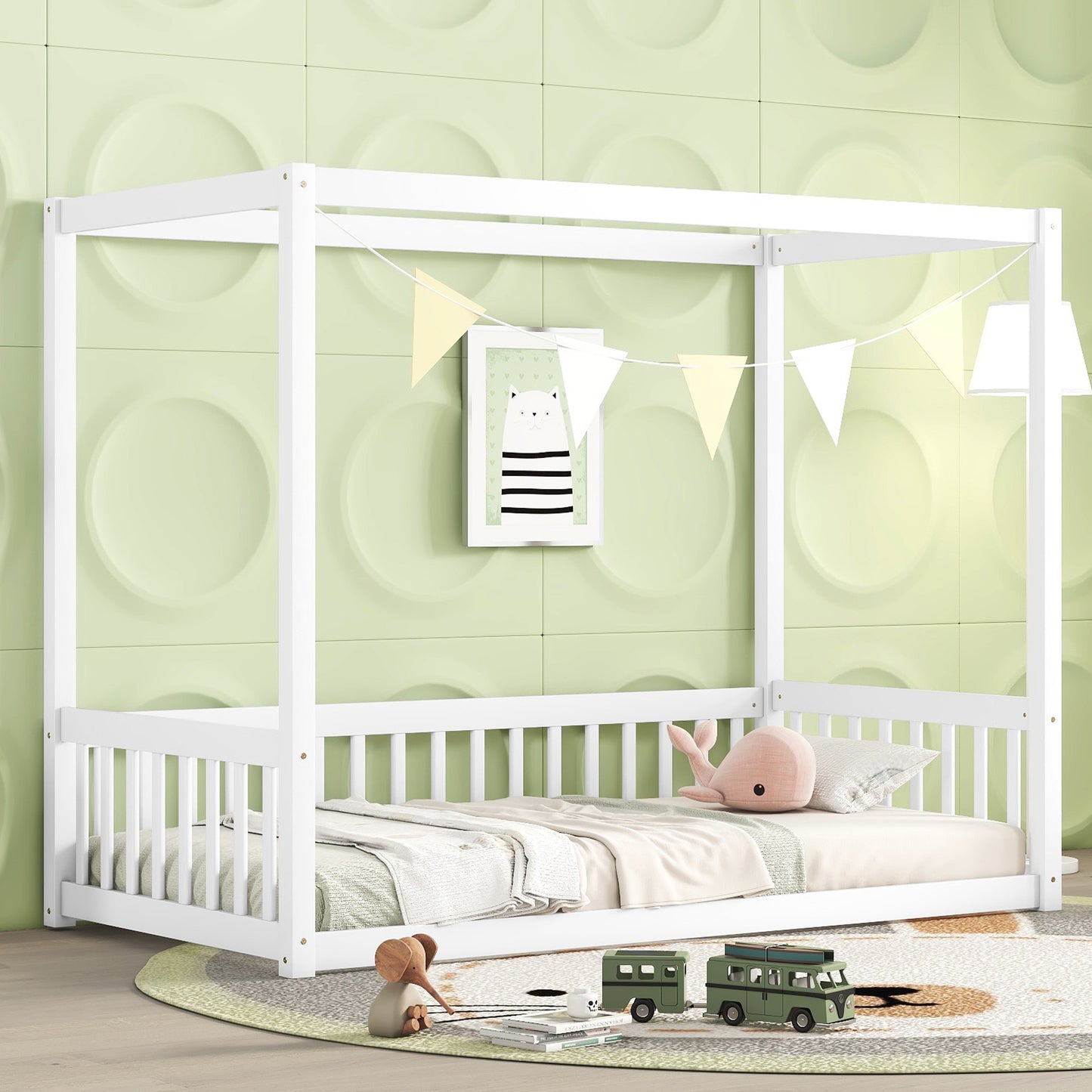White wooden canopy bed frame with slatted sides ideal for nursery