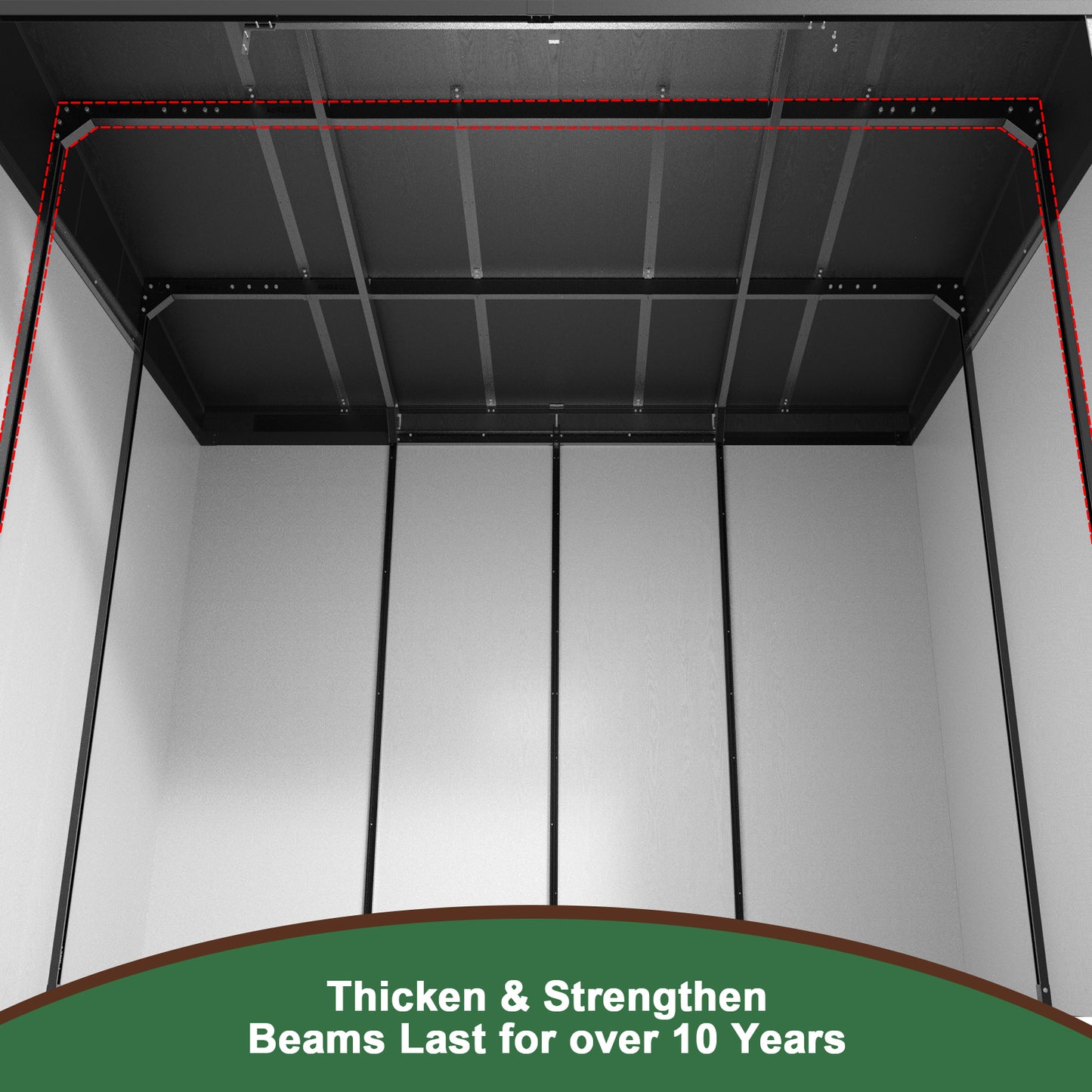 Heavy duty shed frame with reinforced steel beams for durability