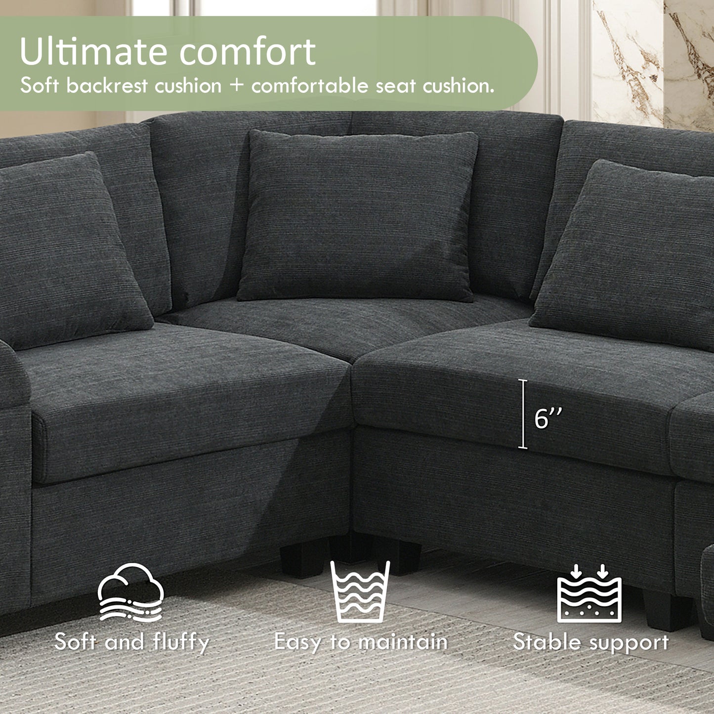Dark grey fabric sectional sofa with plush cushions and modern design