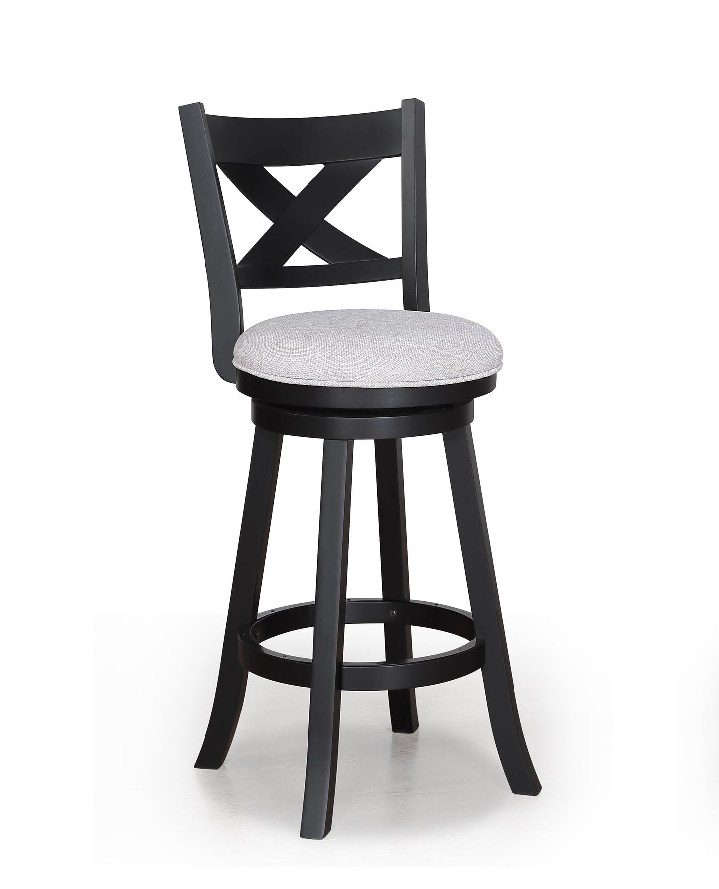 Black wooden swivel bar stool with a grey upholstered seat and crisscross back detail