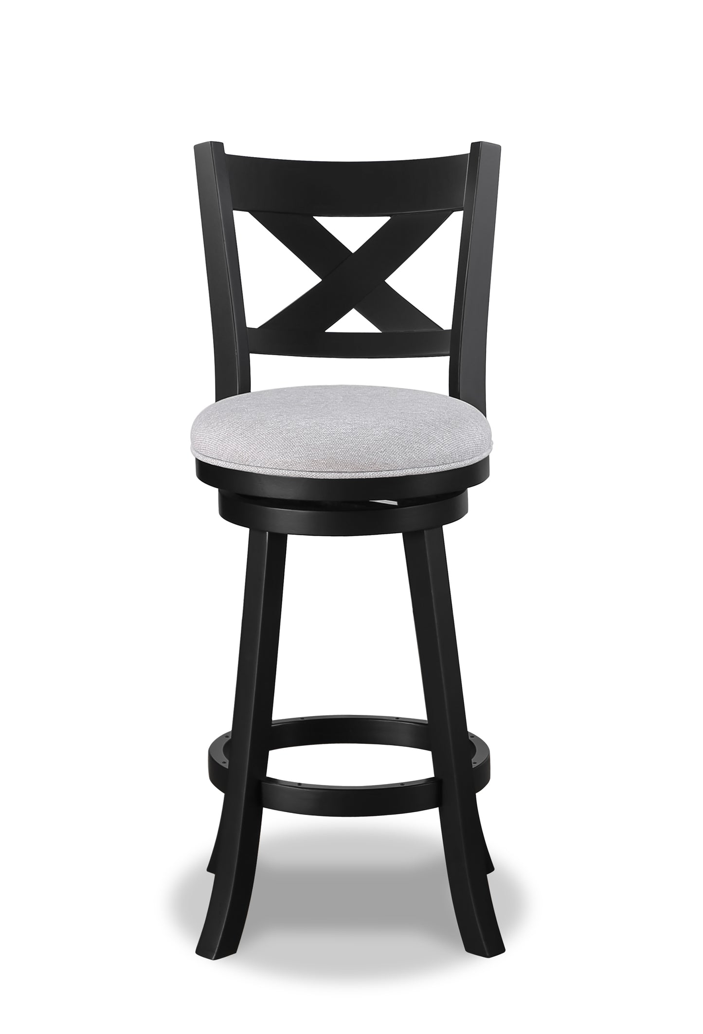 Black wooden swivel bar stool with a light gray upholstered seat and a crisscross backrest