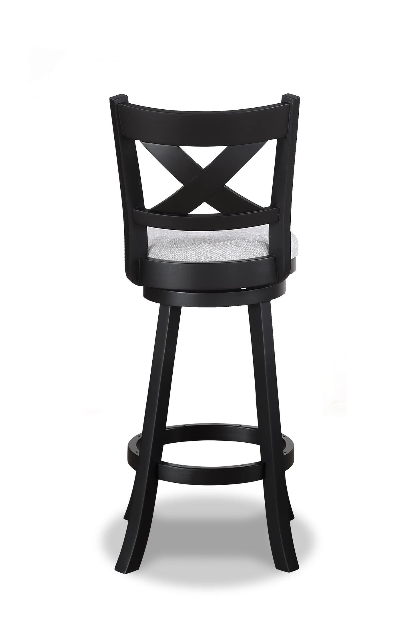 Black wooden bar stool with Xback design and grey fabric seat