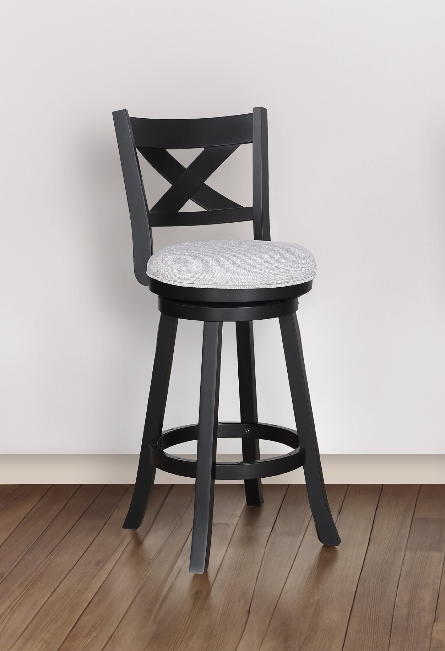 Black swivel bar stool with xback design and light gray upholstered seat