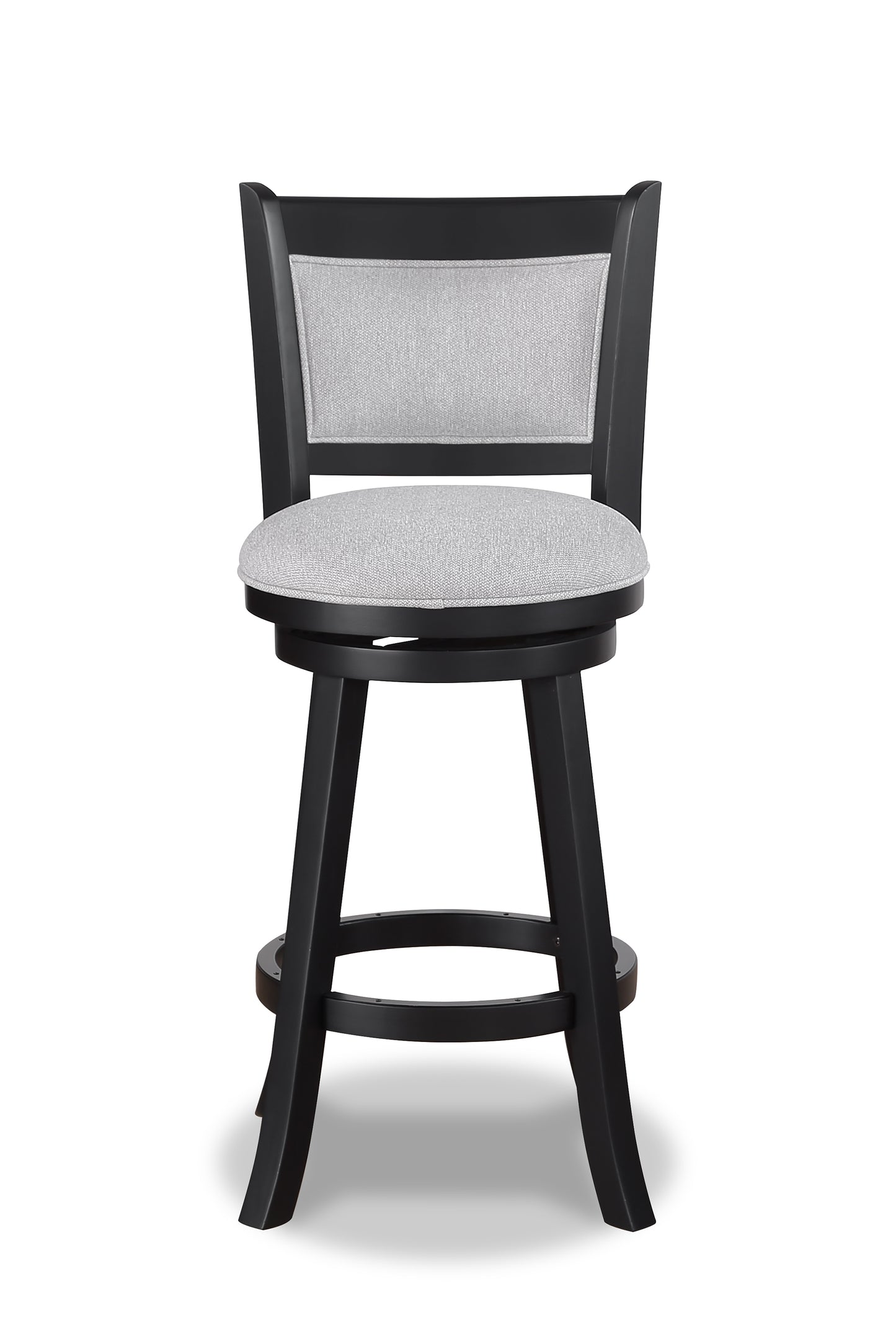 Black swivel bar stool with upholstered light grey seat and backrest