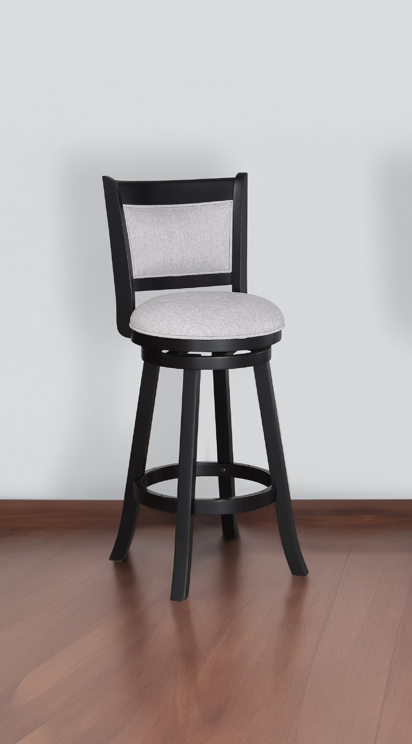 Black wooden swivel bar stool with grey fabric seat and back
