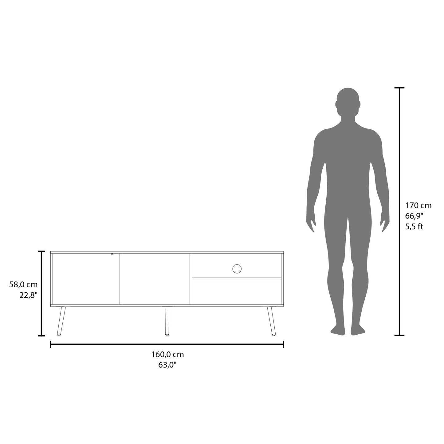 Diagram of a modern TV stand cm wide with tapered legs