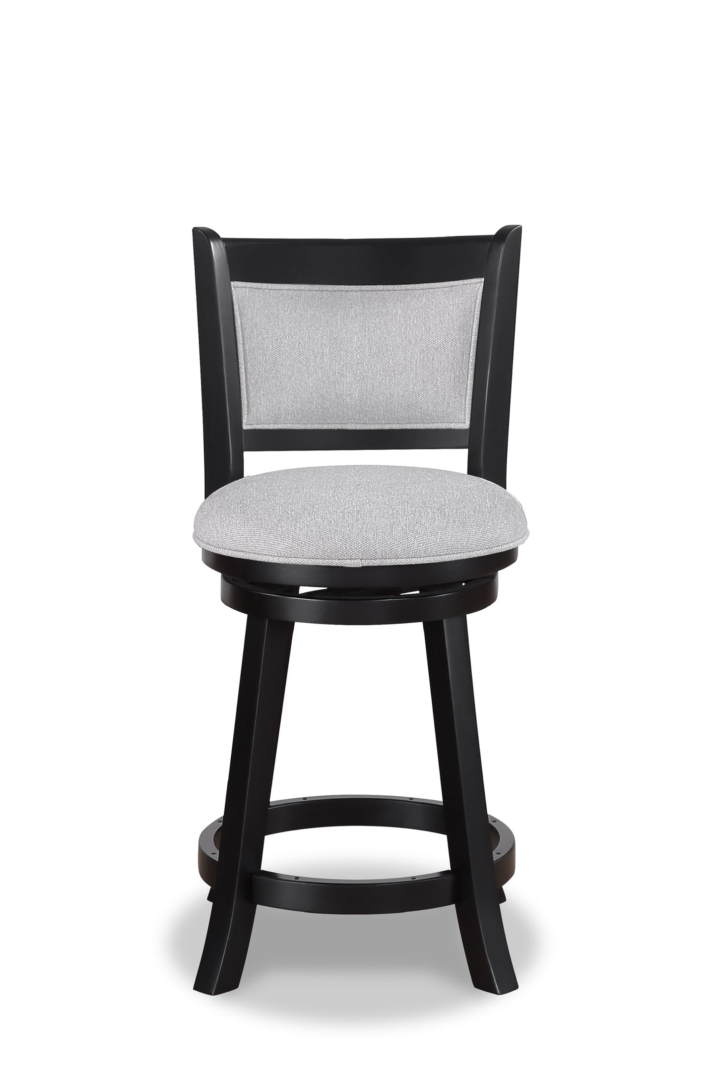 Black wooden swivel bar stool with light gray upholstered seat and back