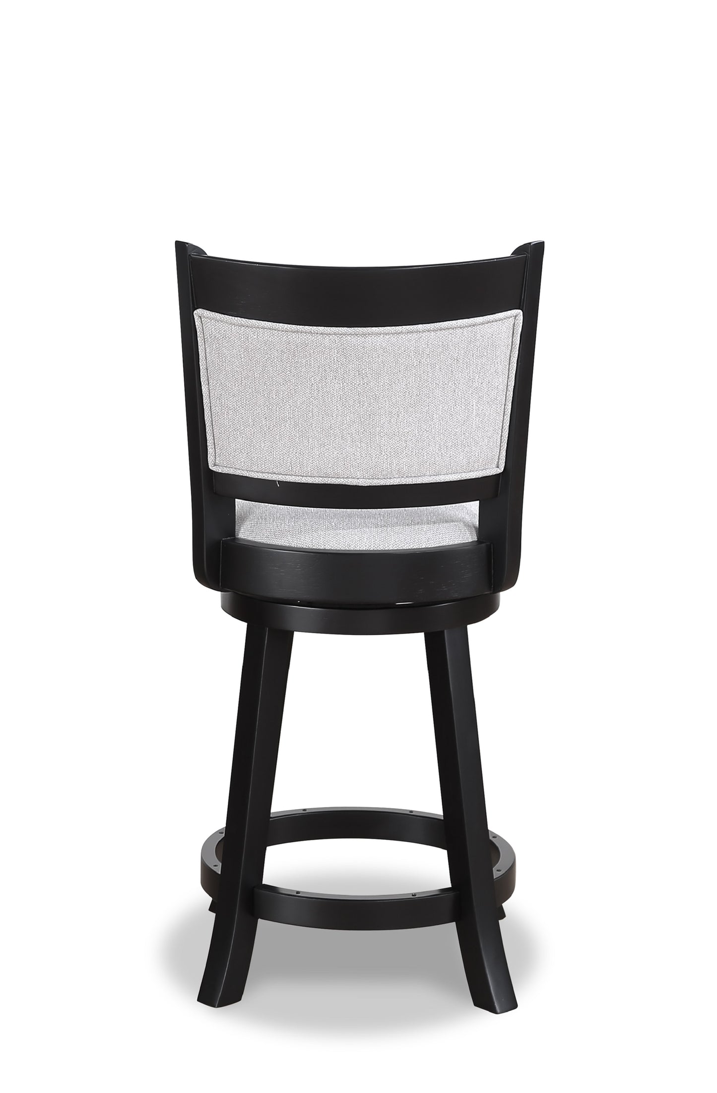 Back view of a black wooden swivel bar stool with a light grey textured fabric backrest