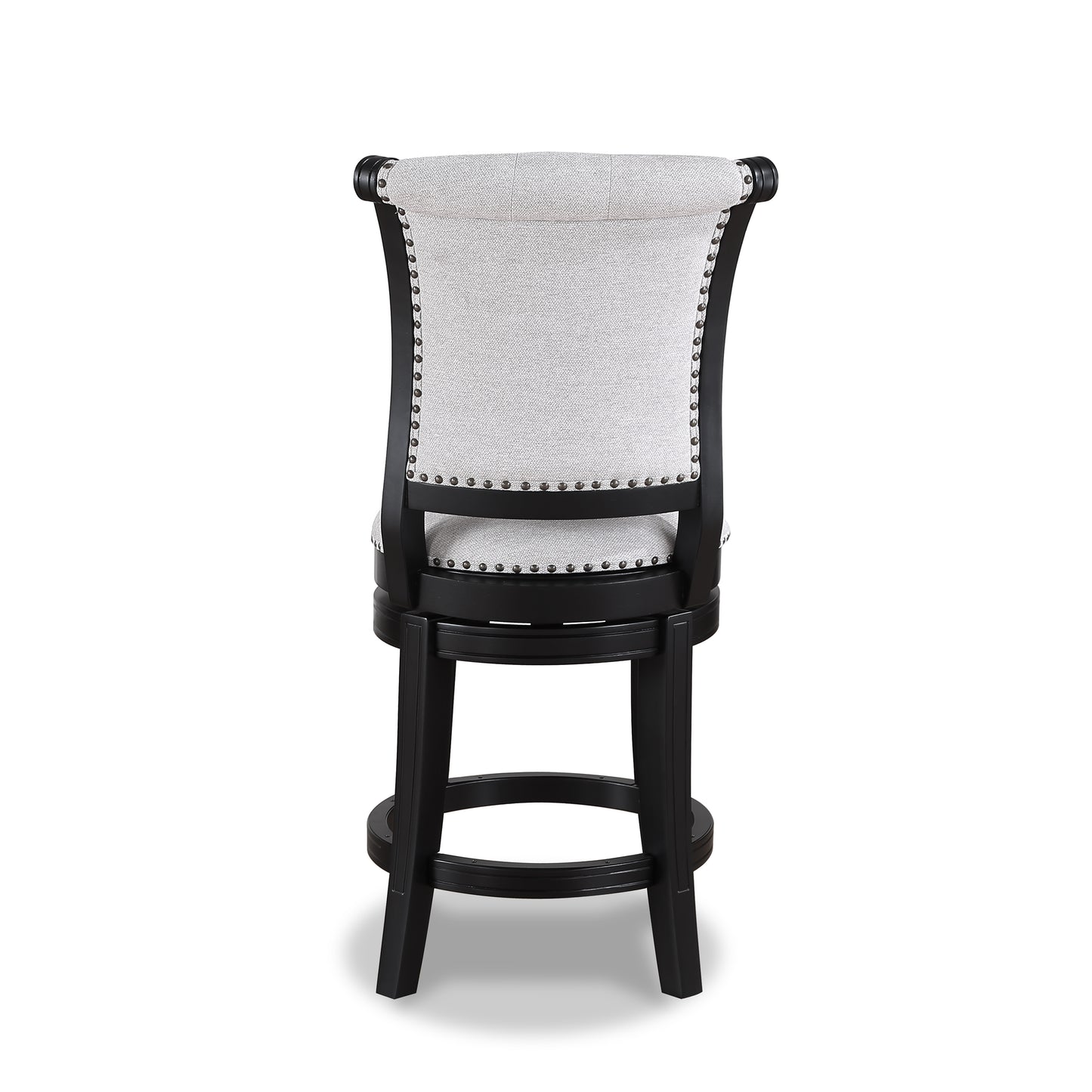 Back view of a black and light grey upholstered swivel bar stool with nailhead trim