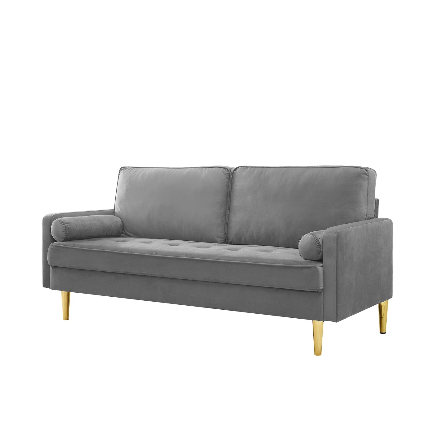 Grey velvet sofa with tufted seat and gold legs for modern living room
