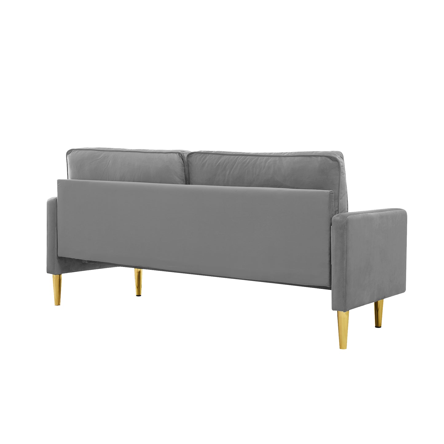 Grey velvet sofa with modern gold legs ideal for small apartments
