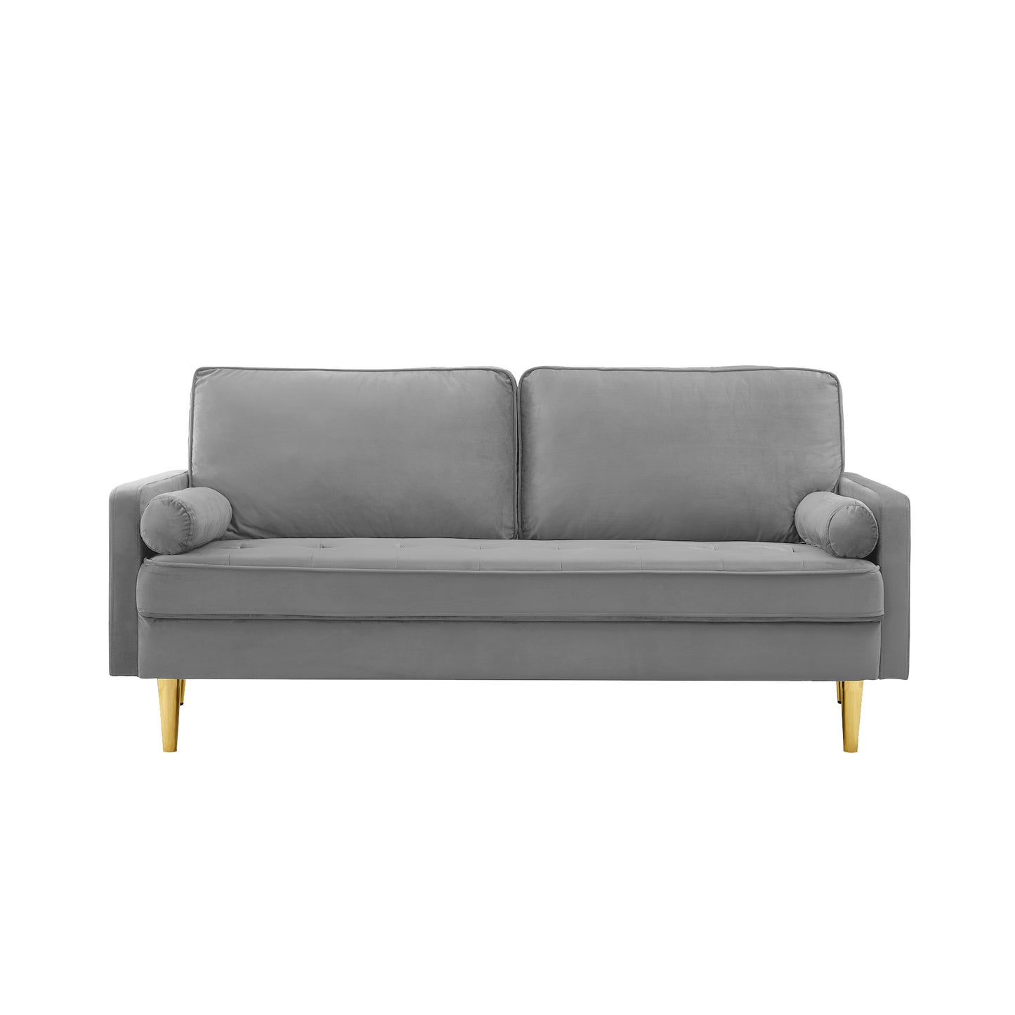 Grey velvet sofa with tufted seat and gold legs modern living room furniture