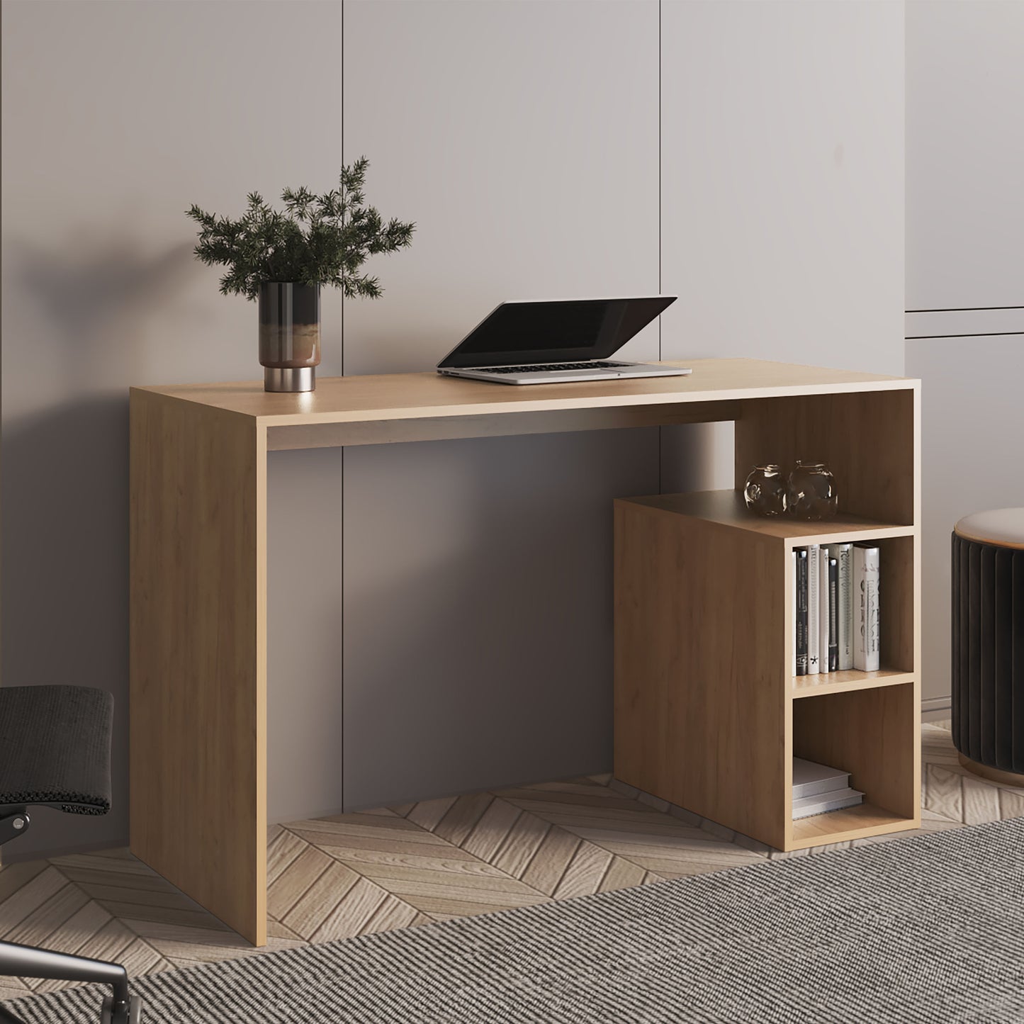 Light wood modern desk with open shelving and a laptop