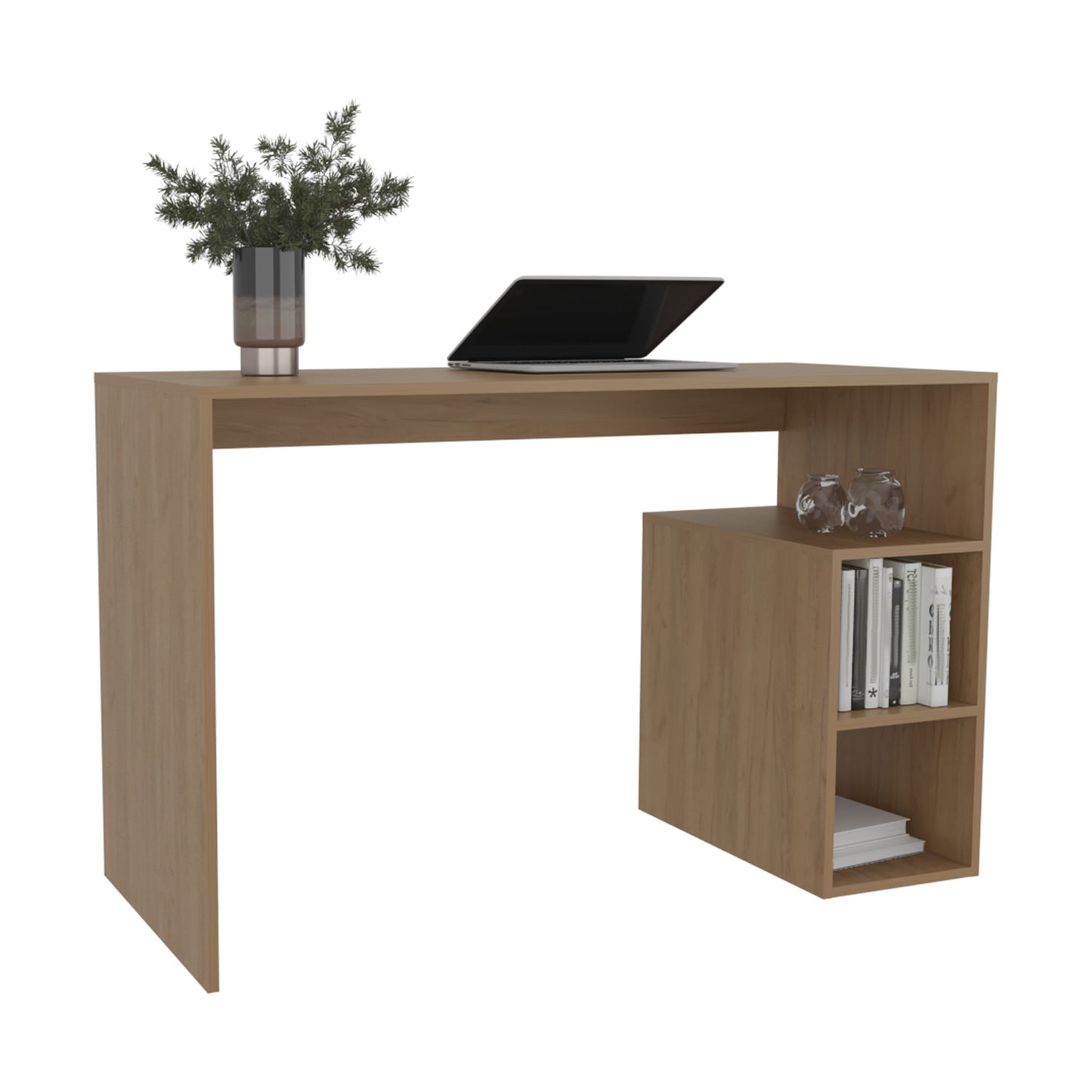 Modern wood grain desk with integrated bookshelf and laptop