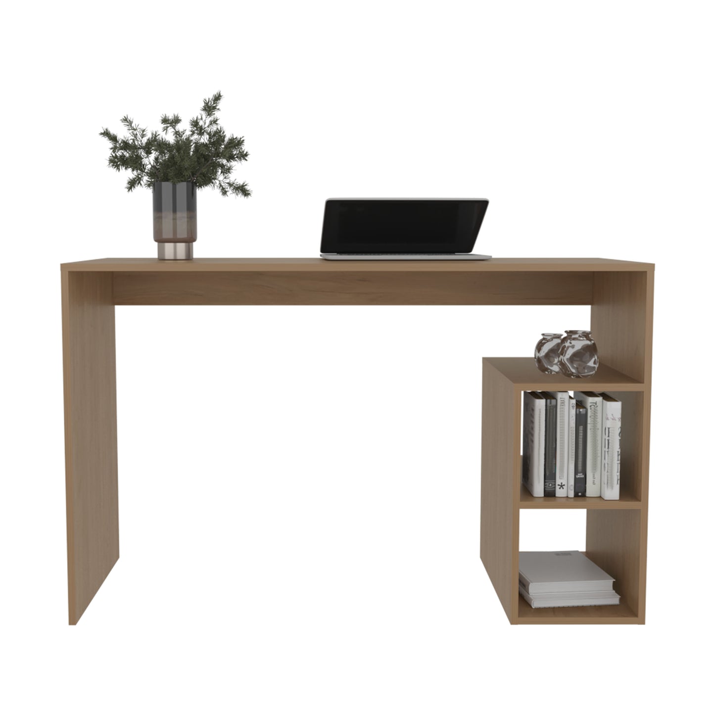 Minimalist oak wood desk with integrated shelving holding a laptop and books
