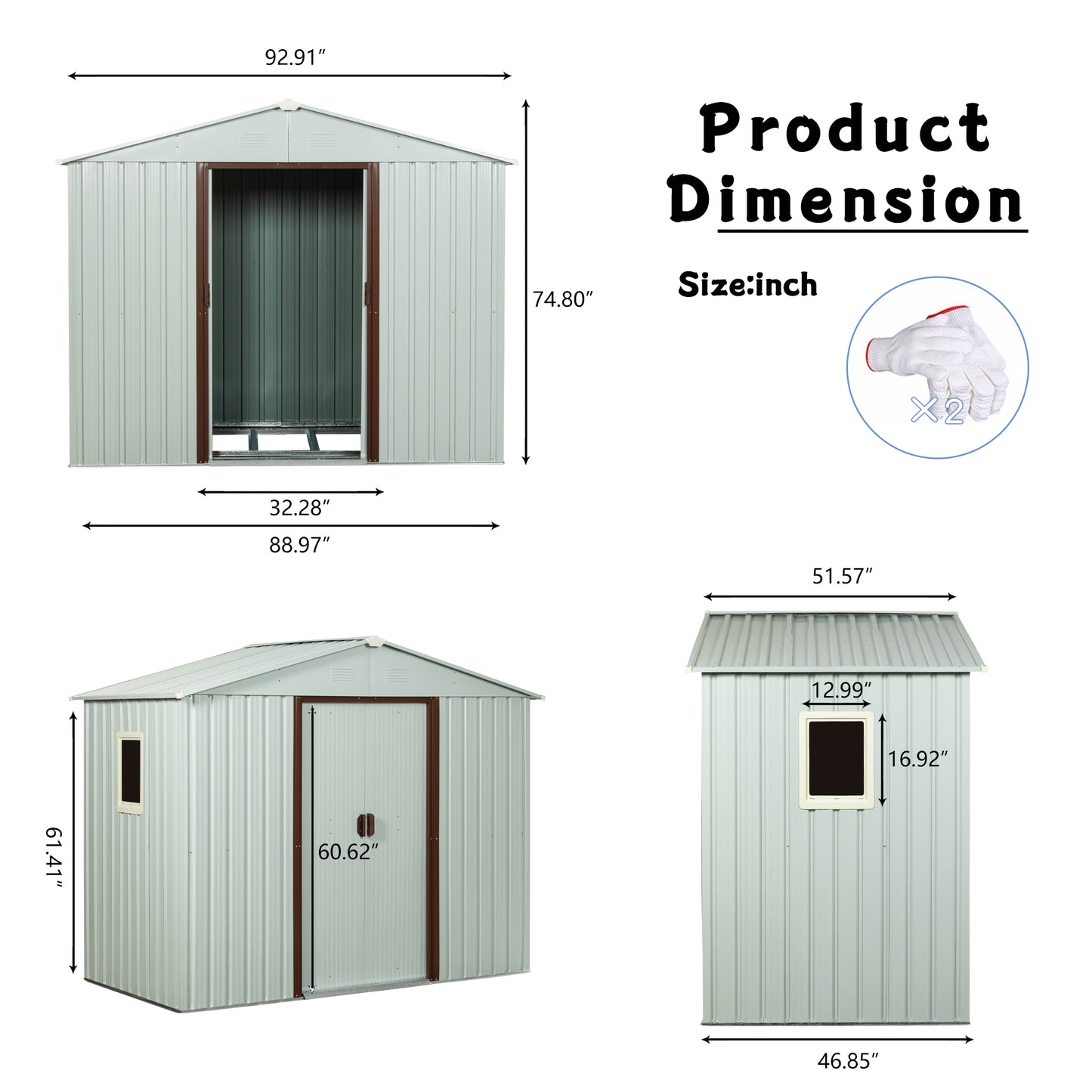 Silver metal garden shed with double doors and window showing overall dimensions x
