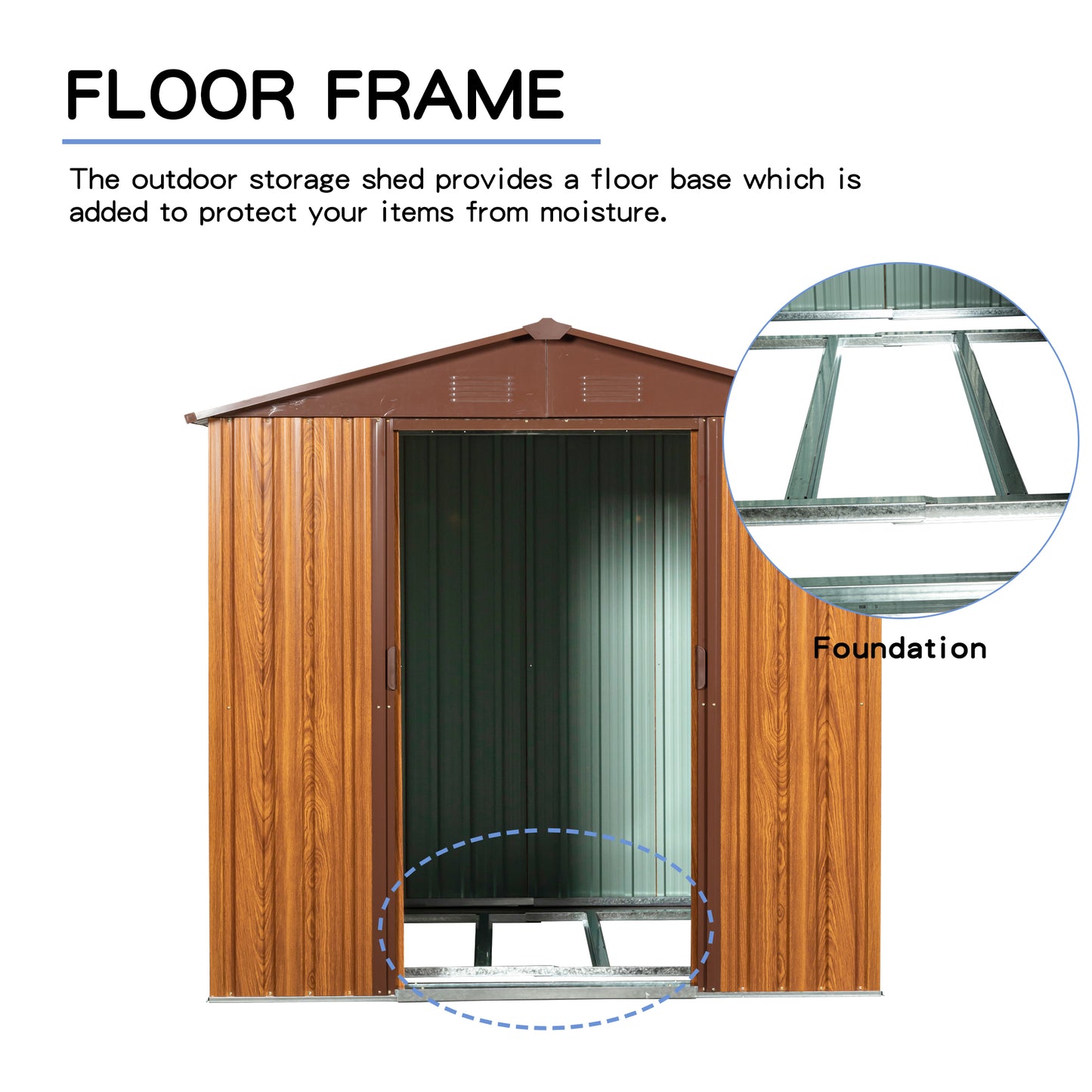 Brown outdoor storage shed with wood grain siding and metal frame floor foundation