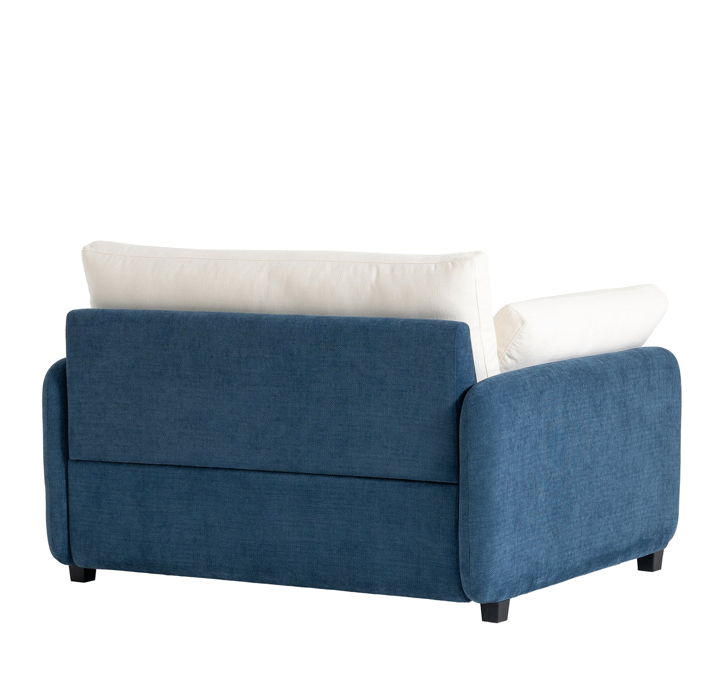 Blue fabric sofa with two cream cushions seen from the back