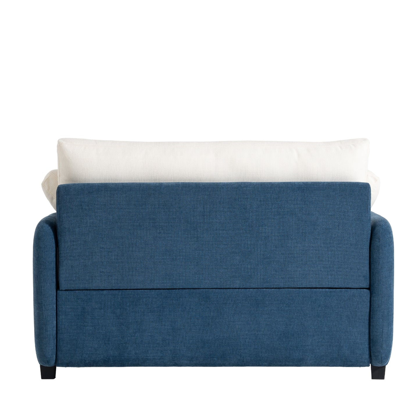 Deep blue linen sofa with thick white back cushions modern design