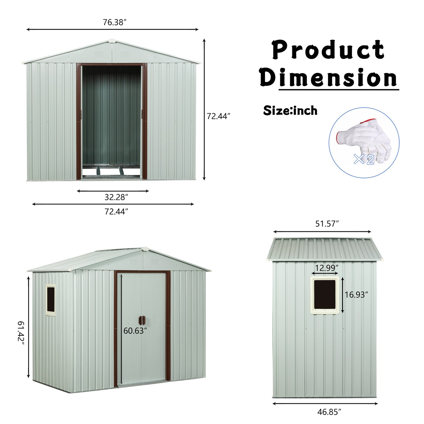 Pale gray metal storage shed with double doors and a small window