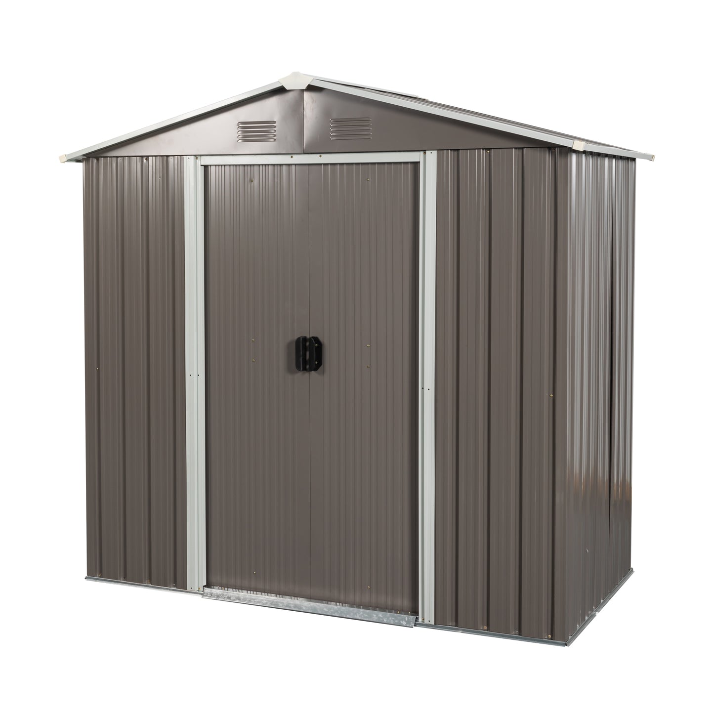 Brown metal garden shed with double doors and silver trim
