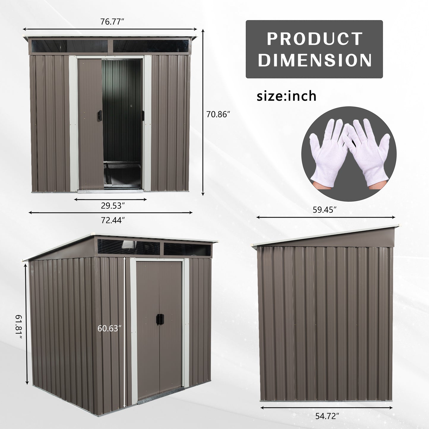 Brown metal storage shed with double doors and sloping roof inches wide