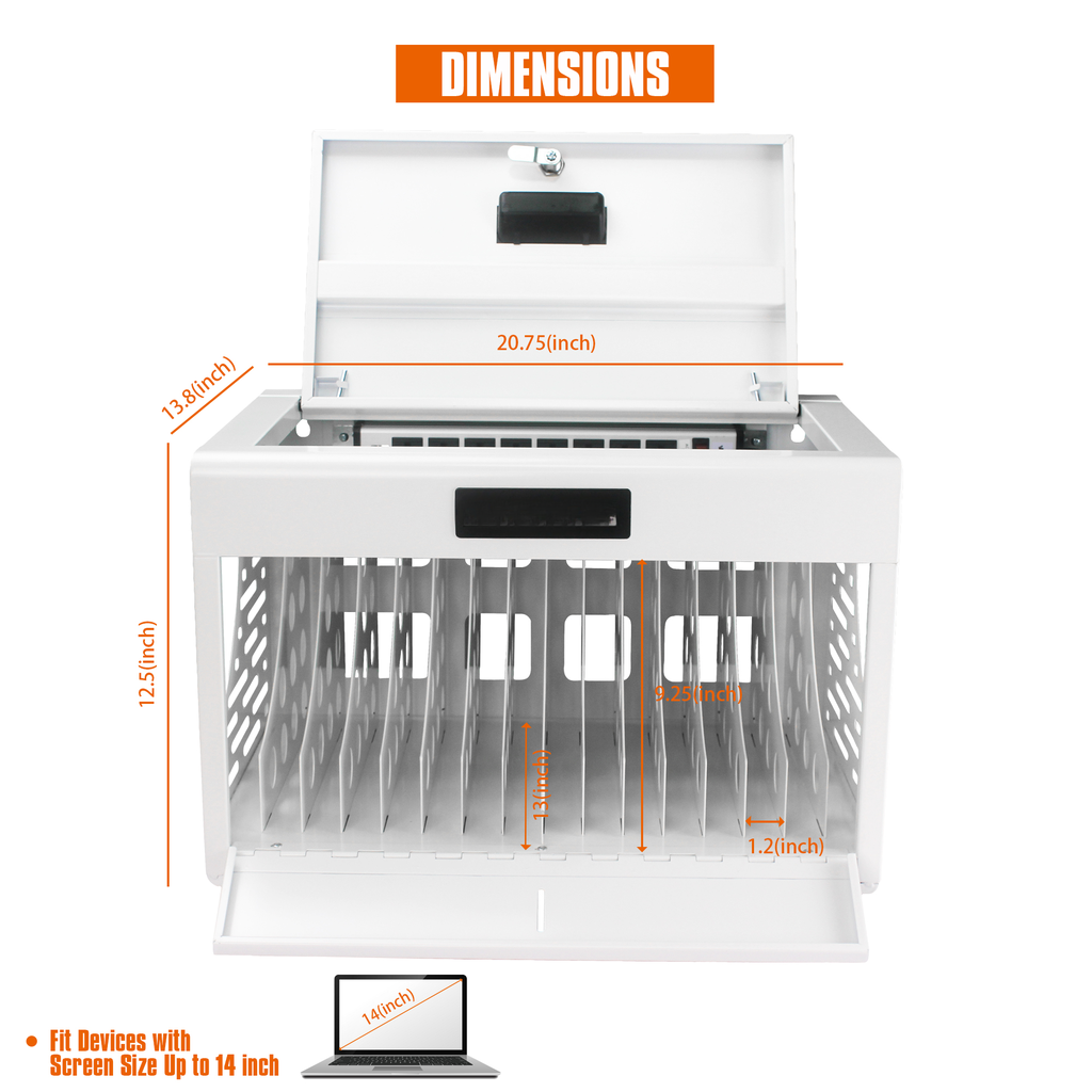 White metal charging cart with slots height width length