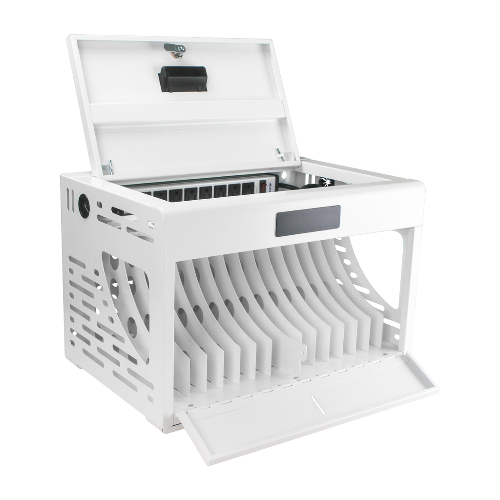 White slot charging cart for tablets and laptops with power strip