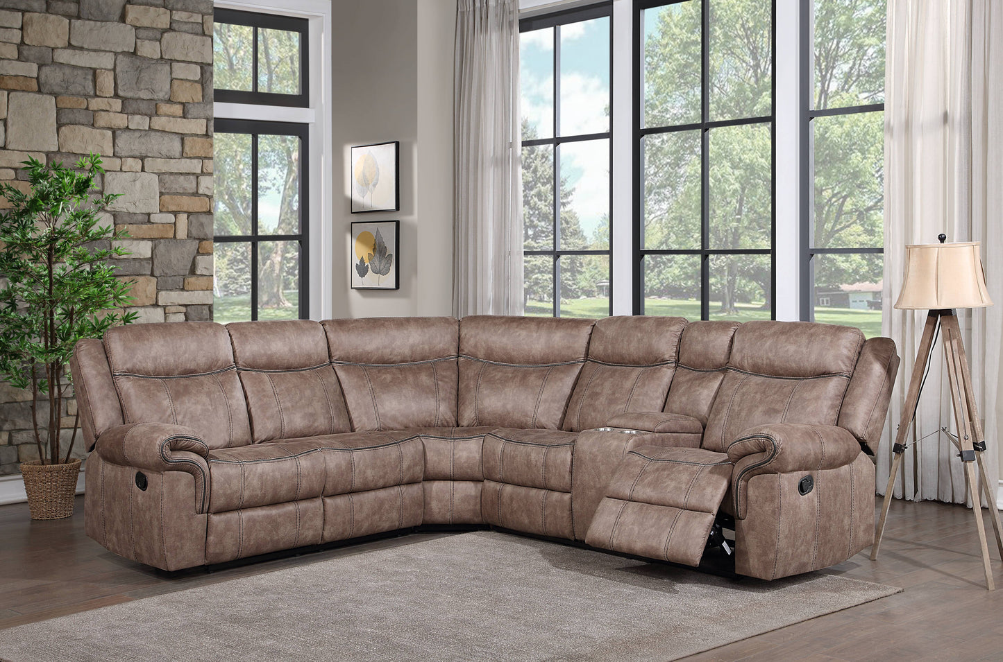Brown leather sectional sofa with reclining seats and cup holders