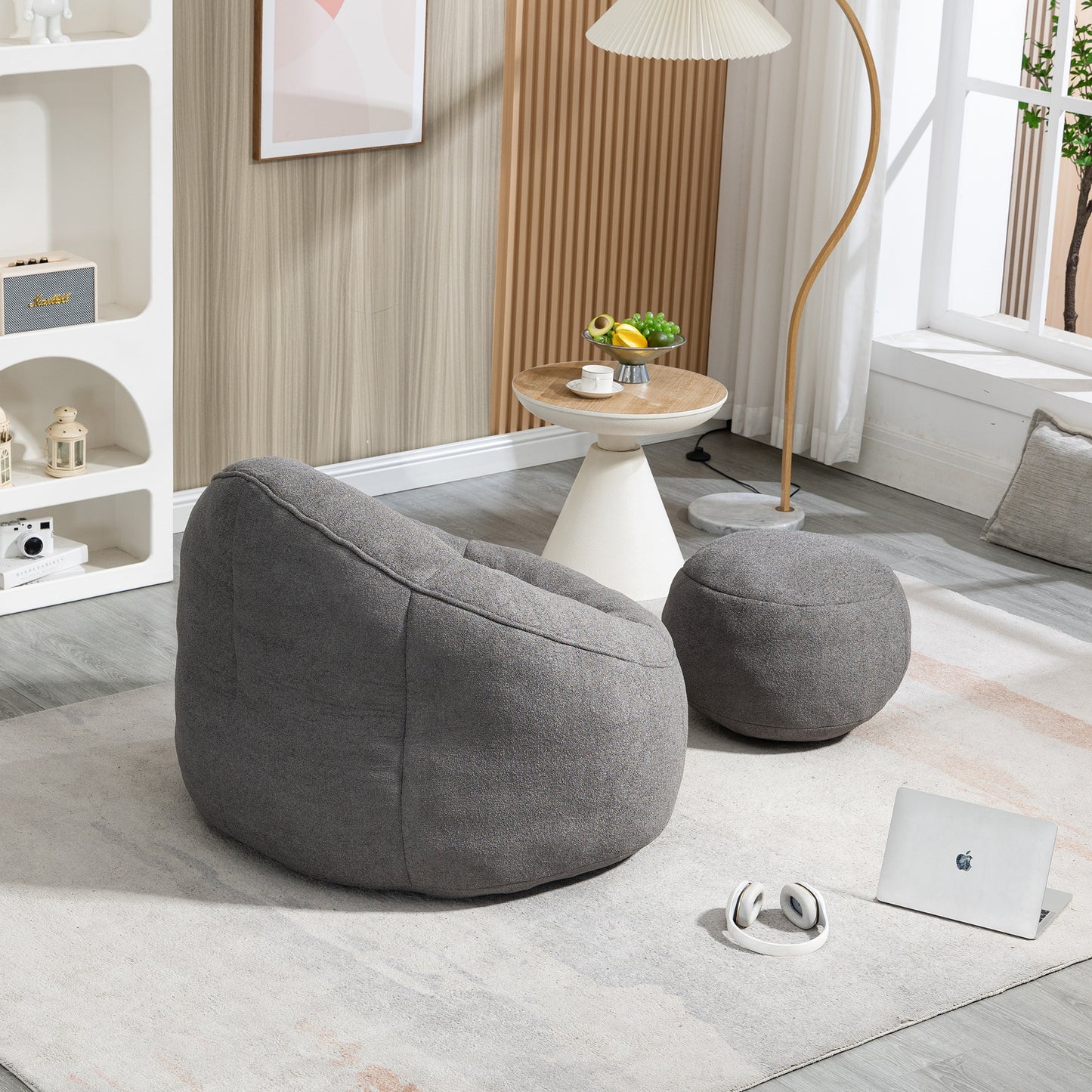 Comfortable grey bean bag chair and ottoman set for a cozy living space