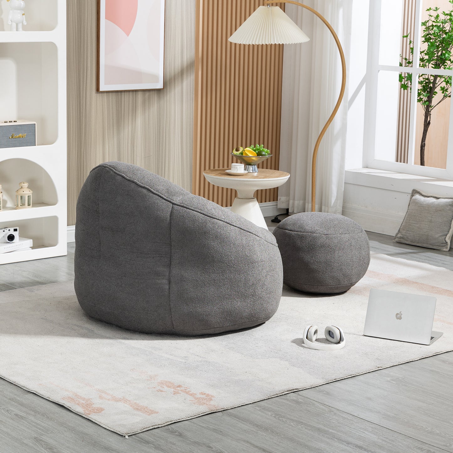 Cozy grey bean bag chair with matching ottoman perfect for a relaxed living room