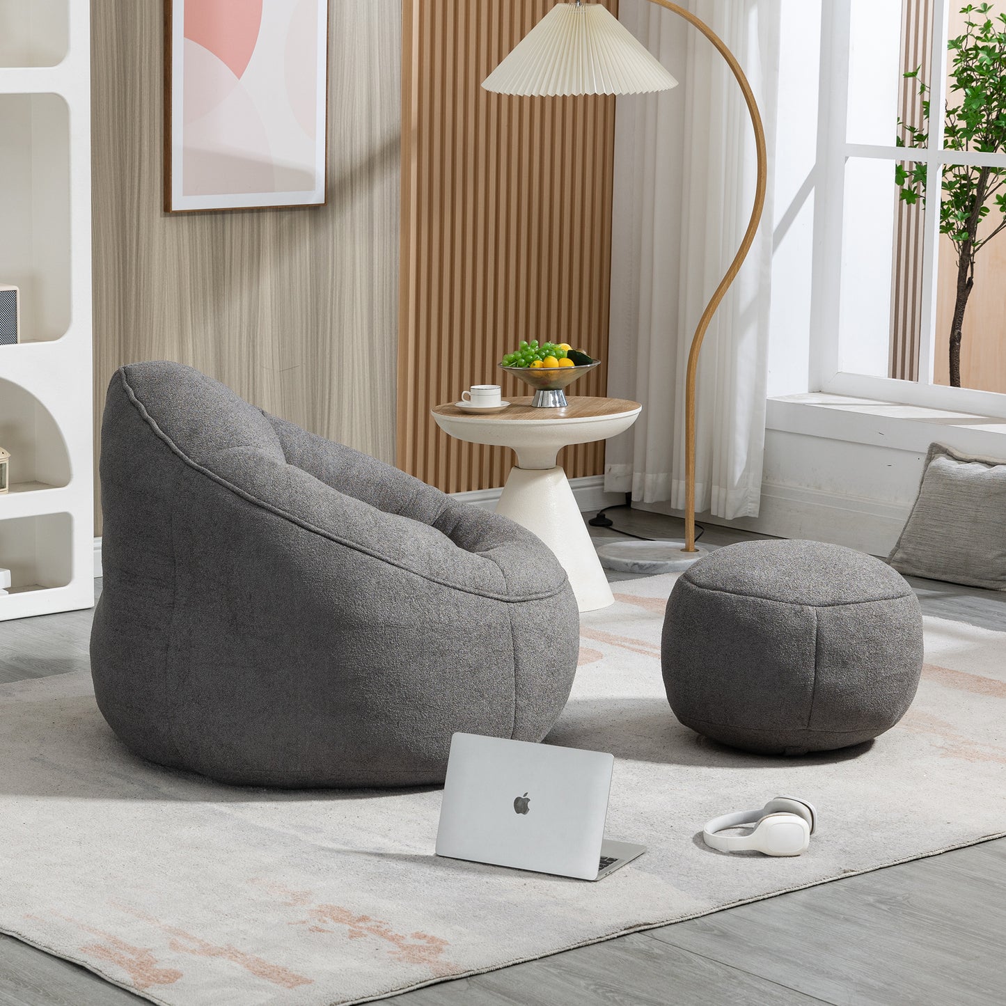 Plush grey bean bag chair with ottoman for comfortable lounging
