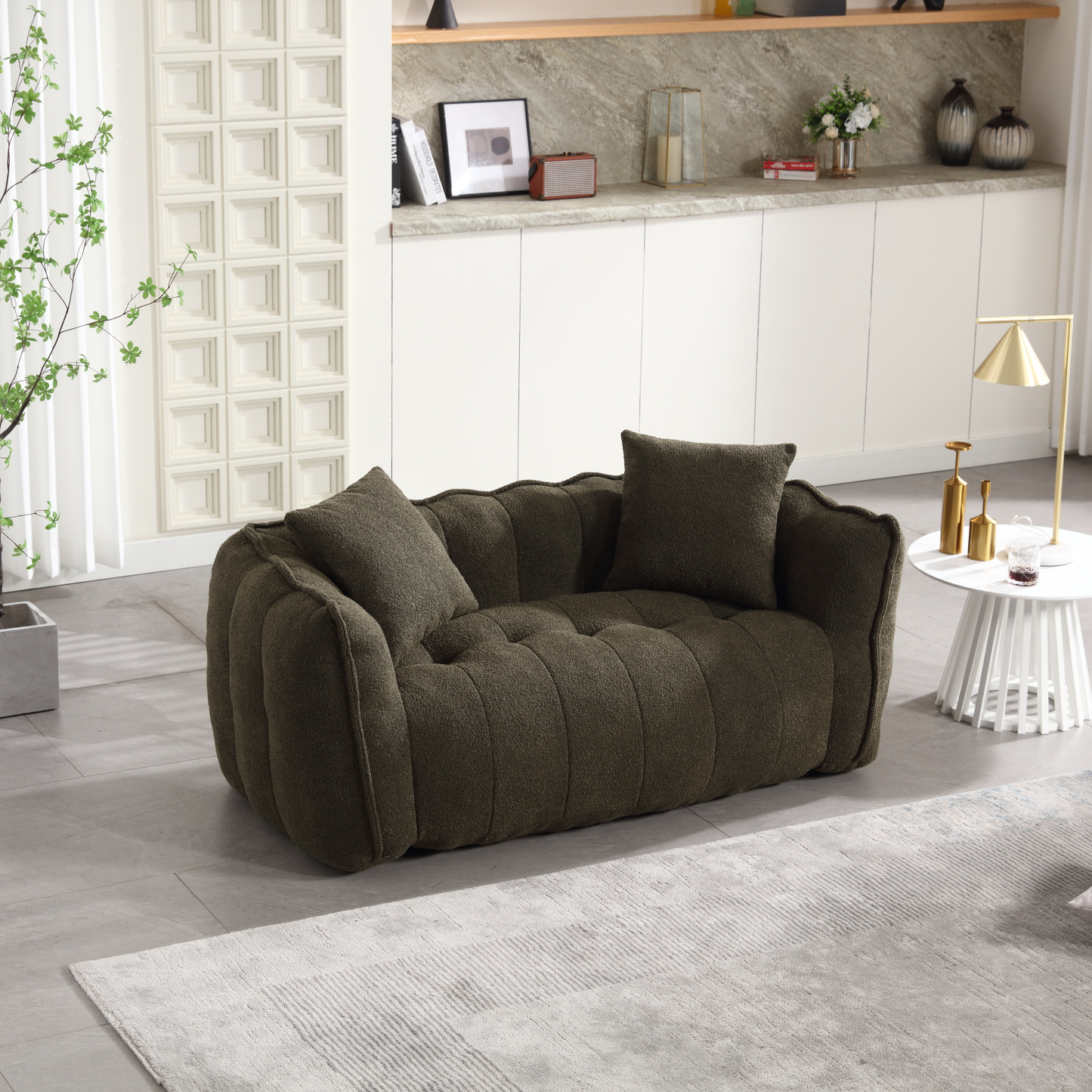 Deep olive green textured loveseat with tufted seat and rolled arms perfect for a modern living room