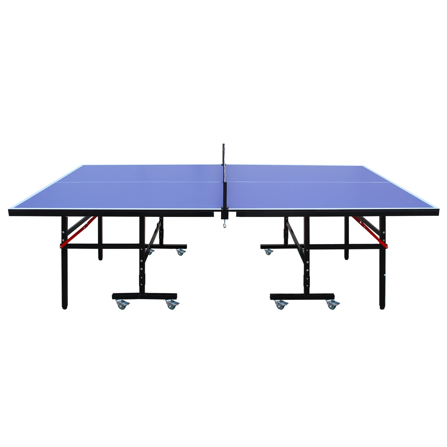 Blue portable ping pong table with foldable legs and wheels for easy storage and transport