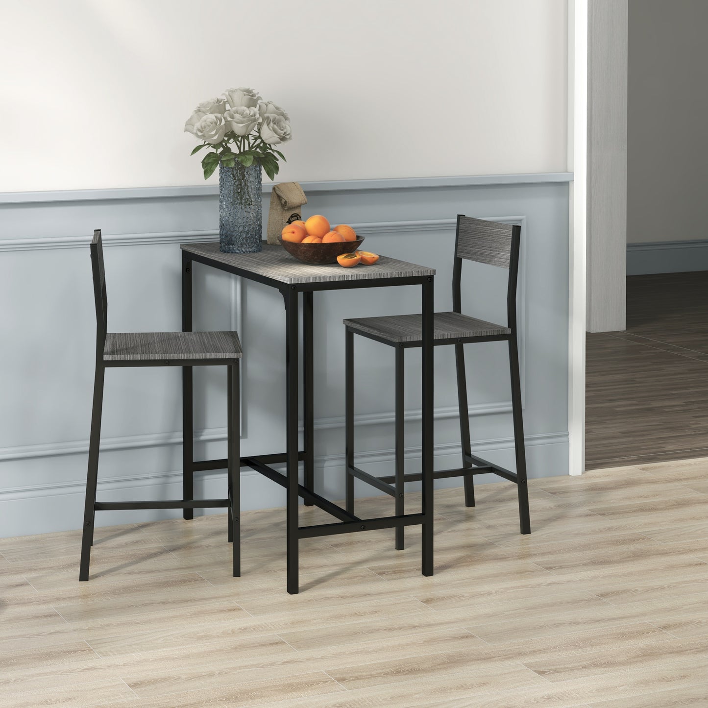Gray wood and black metal bar stool with sleek design